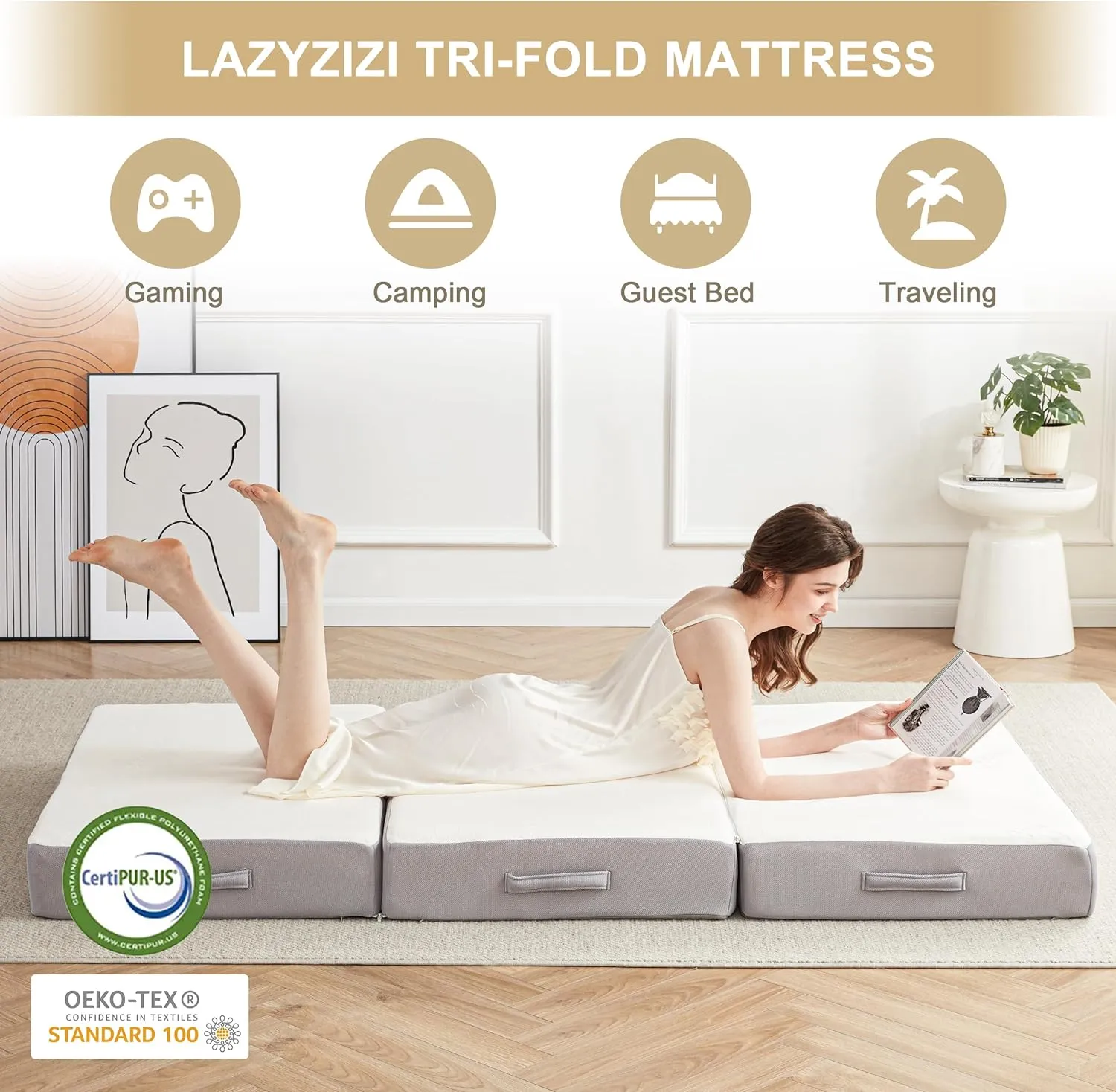 Tri-fold Folding Mattress, 6 Inch Memory Foam Guest Bed with Washable Bamboo Fabric, Breathable, Perfect for Camping & Road Trips