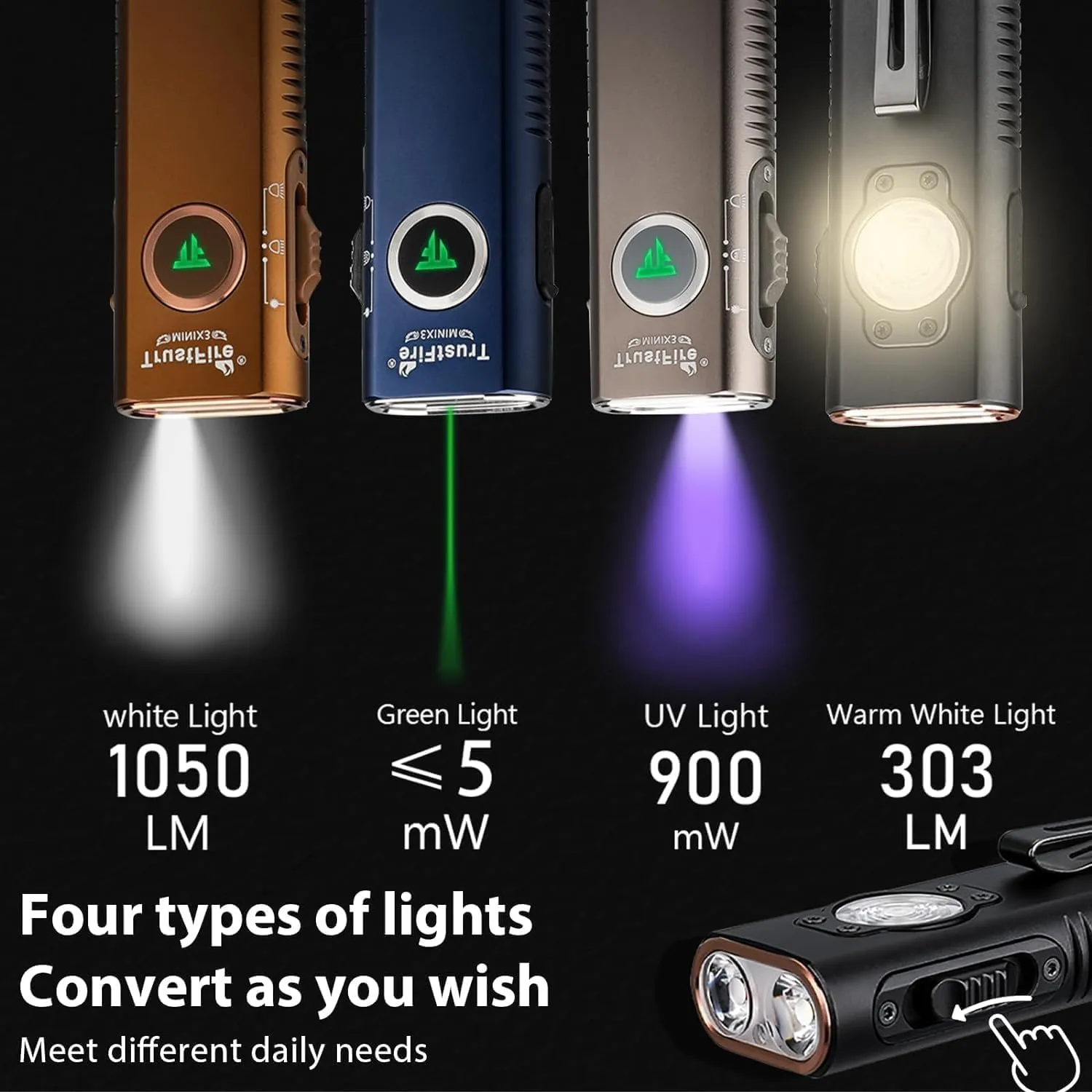 TrustFire Mini X3 Rechargeable EDC Flashlight with White Light, Flood Light, UV and Green Beam, 1050 Lumens Portable Flat Flashlights, Fourfold Light Sources Pocket Lights for Emergency
