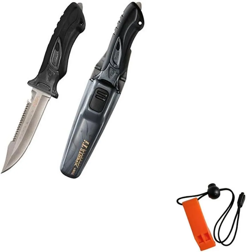 TUSA X-Pert II Titanium FK-940TI Metallic Silver (MS) & DiveCatalog's Orange Whistle w/Lanyard & Dive Flag Sticker