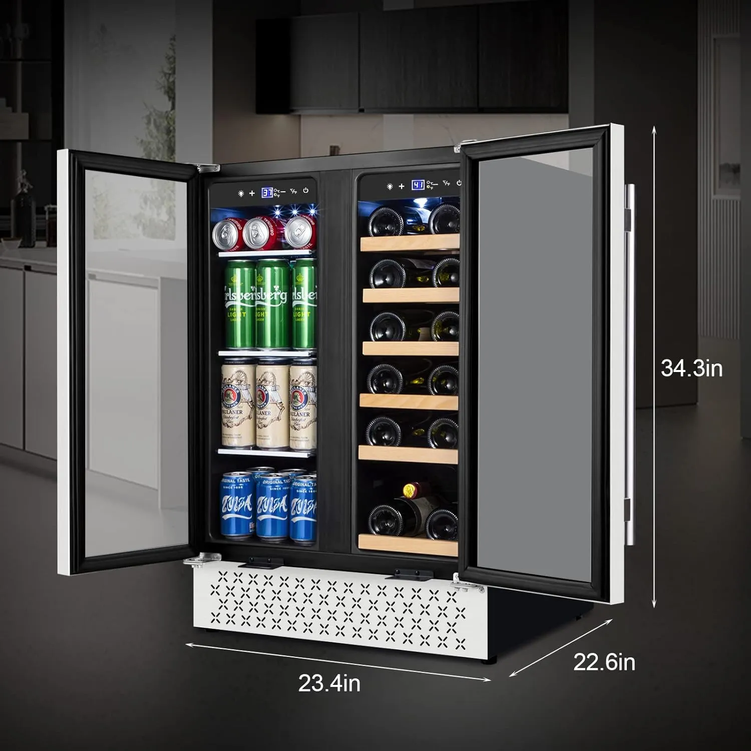 Tylza Wine and Beverage Refrigerator 24 Inch Dual Zone, French Door Wine and Beverage Cooler 24'' Built-In or Freestanding Drink Fridge, Under Counter Beer Refrigerator