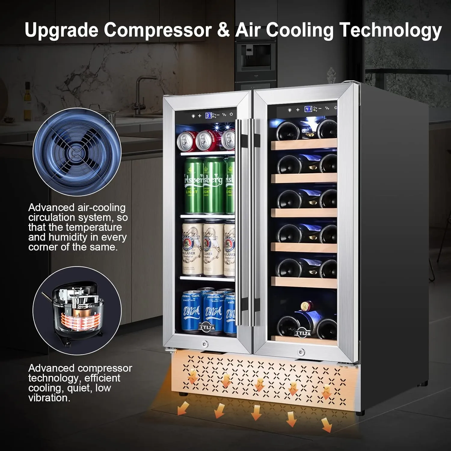 Tylza Wine and Beverage Refrigerator 24 Inch Dual Zone, French Door Wine and Beverage Cooler 24'' Built-In or Freestanding Drink Fridge, Under Counter Beer Refrigerator