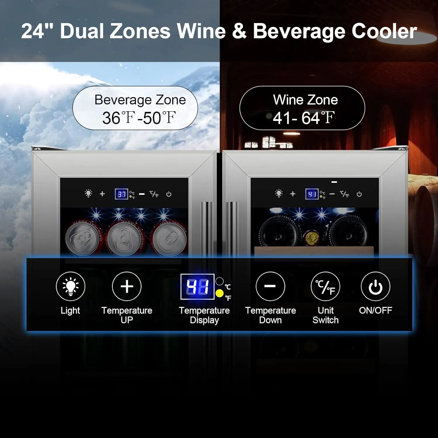 Tylza Wine and Beverage Refrigerator 24 Inch Dual Zone, French Door Wine and Beverage Cooler 24'' Built-In or Freestanding Drink Fridge, Under Counter Beer Refrigerator