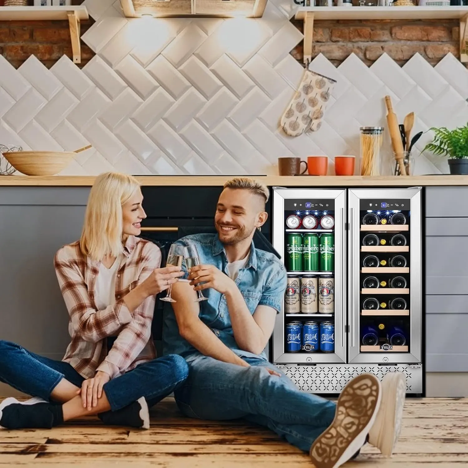 Tylza Wine and Beverage Refrigerator 24 Inch Dual Zone, French Door Wine and Beverage Cooler 24'' Built-In or Freestanding Drink Fridge, Under Counter Beer Refrigerator