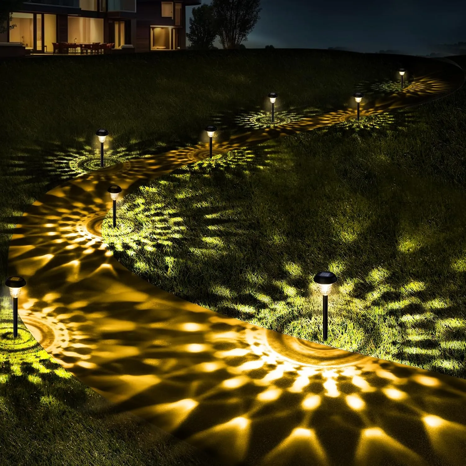 Ultra Bright Solar Lights Outdoor Waterproof 8 Pack, 100% Faster Charge Solar Lights for Outside with Vibrant Mandala Pattern Warm White