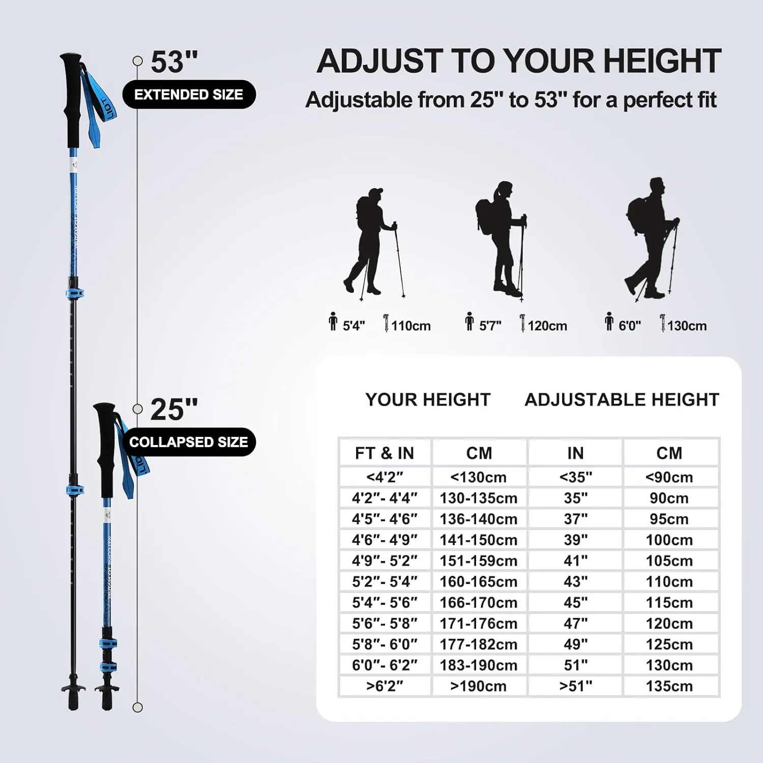 Ultralight Trekking Pole Carbon Fiber & Aluminum Alloy Hiking Pole 3-Section Telescopic Hiking Stick with EVA Foam Grips Adjustable Walking Stick for Hiking