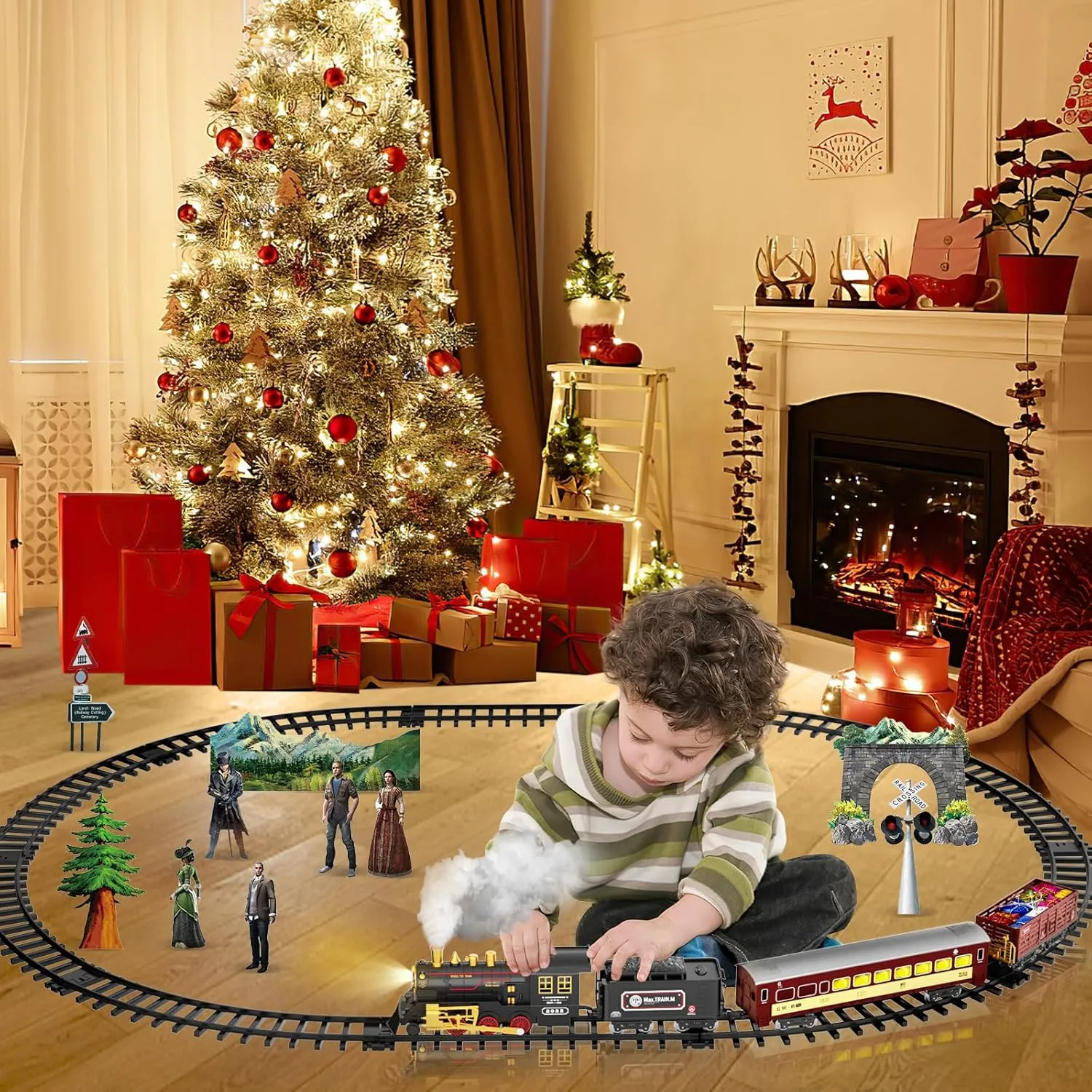 UNIH Electric Train Set,Train Toys with Smoke,Lights & Sounds,Toy Train with Steam Locomotive Engine,Luminous Passenger Car & Tracks, Xmas Train Toys for Boys Kids 3 4 5 6 7 8  Year Old Gifts
