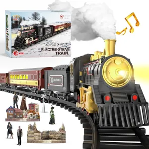 UNIH Electric Train Set,Train Toys with Smoke,Lights & Sounds,Toy Train with Steam Locomotive Engine,Luminous Passenger Car & Tracks, Xmas Train Toys for Boys Kids 3 4 5 6 7 8  Year Old Gifts