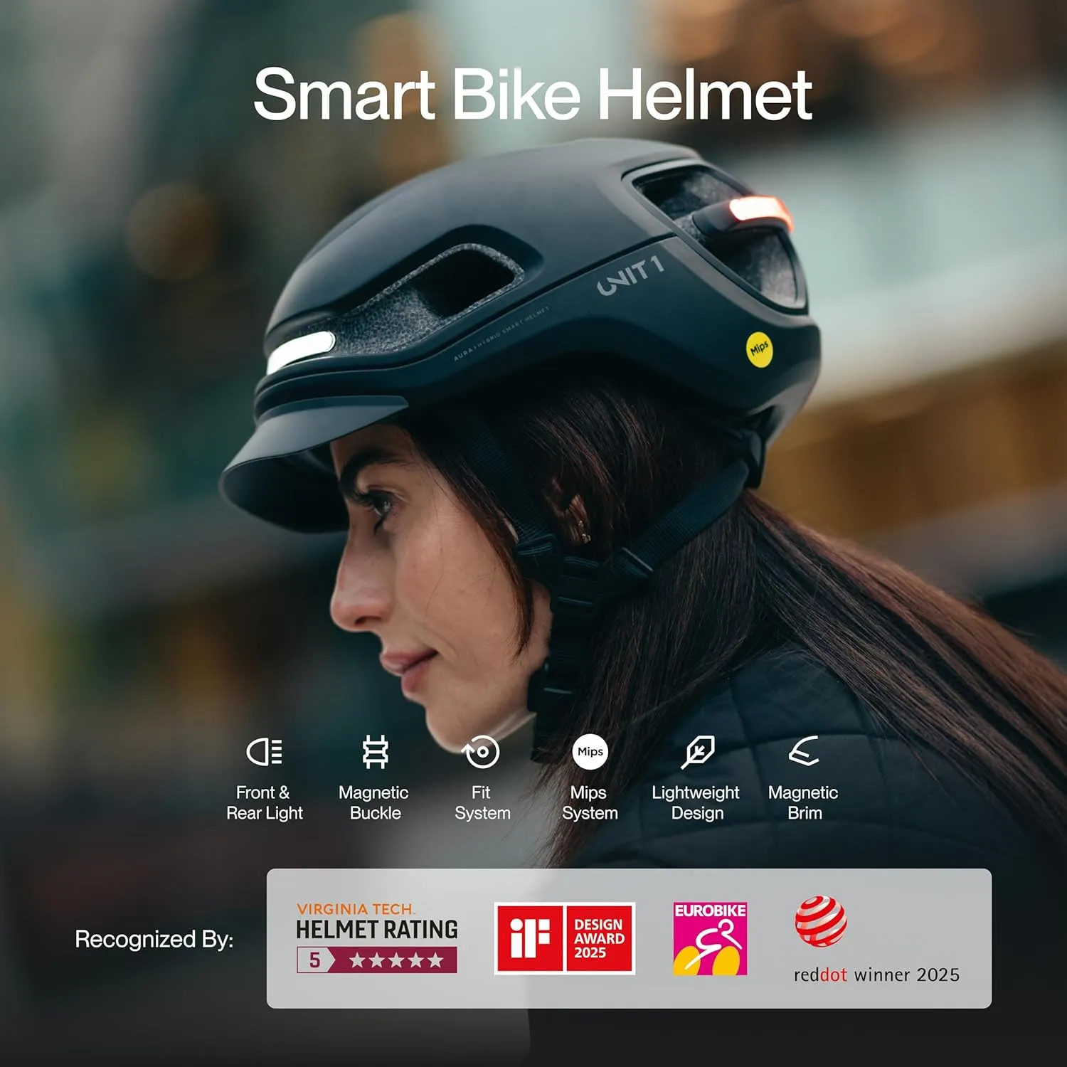 UNIT 1 Aura Hybrid Smart Bike Helmet | Urban & Road | MIPS | LED Front & Rear | Turn Signal & Brake Lights | Crash Alert | Certified | Lightweight & Ventilated | Nav Remote | iOS & Android App