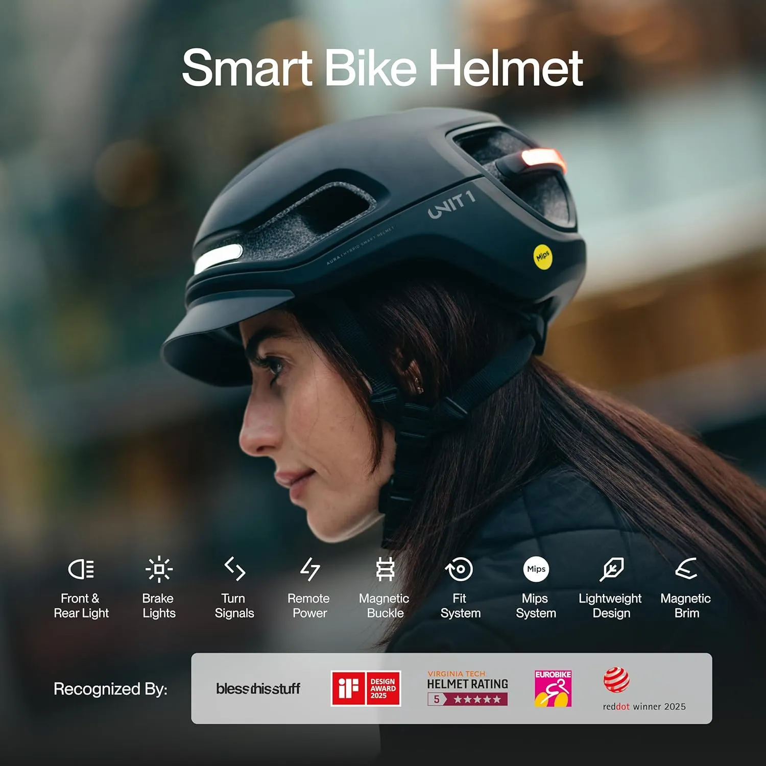 UNIT 1 Aura Hybrid Smart Bike Helmet | Urban & Road | MIPS | LED Front & Rear | Turn Signal & Brake Lights | Crash Alert | Certified | Lightweight & Ventilated | Nav Remote | iOS & Android App