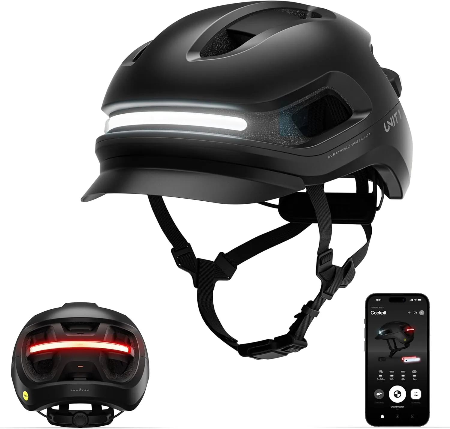UNIT 1 Aura Hybrid Smart Bike Helmet | Urban & Road | MIPS | LED Front & Rear | Turn Signal & Brake Lights | Crash Alert | Certified | Lightweight & Ventilated | Nav Remote | iOS & Android App