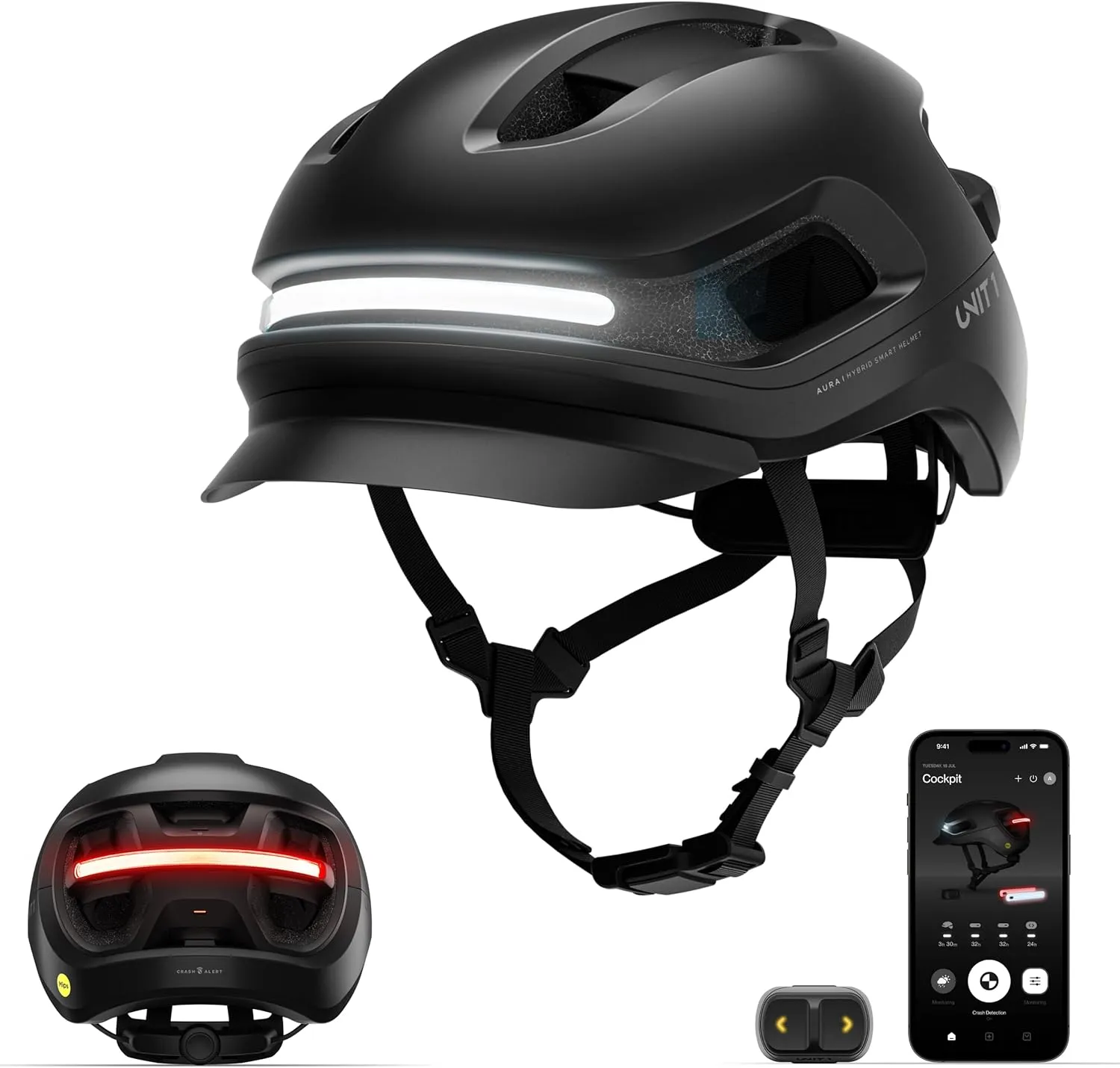UNIT 1 Aura Hybrid Smart Bike Helmet | Urban & Road | MIPS | LED Front & Rear | Turn Signal & Brake Lights | Crash Alert | Certified | Lightweight & Ventilated | Nav Remote | iOS & Android App