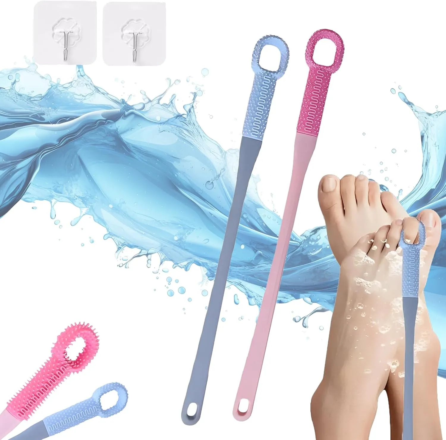 Upgrade Toe Gap Cleaning Brush,Accustomedt Foot Brush,15.7" Long Handled Silicone Foot Scrubber in Shower,Toe Cleaning Pole,Exfoliating Scrubber Scrub for Seniors/Pregnant (2pcs)