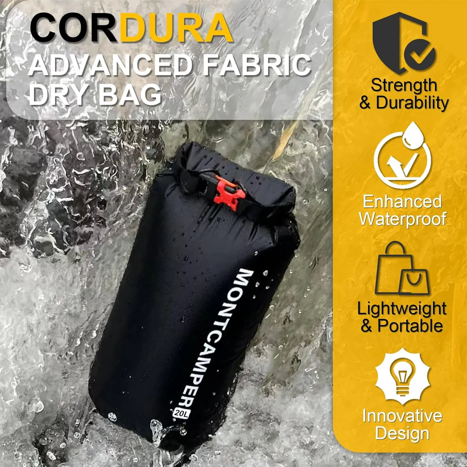 Upgraded CORDURA Waterproof Dry Bag-Durable&Lightweight Storage Sack for Hiking, Kayaking&Rafting-Roll Top with Survival Whistle-Ideal for high-intensity Use-Float on Water(20L/Black)