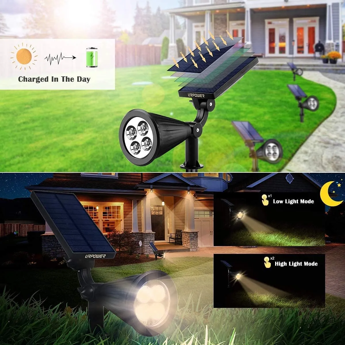 URPOWER Solar Lights Waterproof Solar Lights Outdoor 2-in-1 Adjustable Solar Spotlight Wall Light Auto On/Off Solar-Powered Landscape Lighting for Garden Yard Pathway Swimming Pool (4Pack, Warm White)