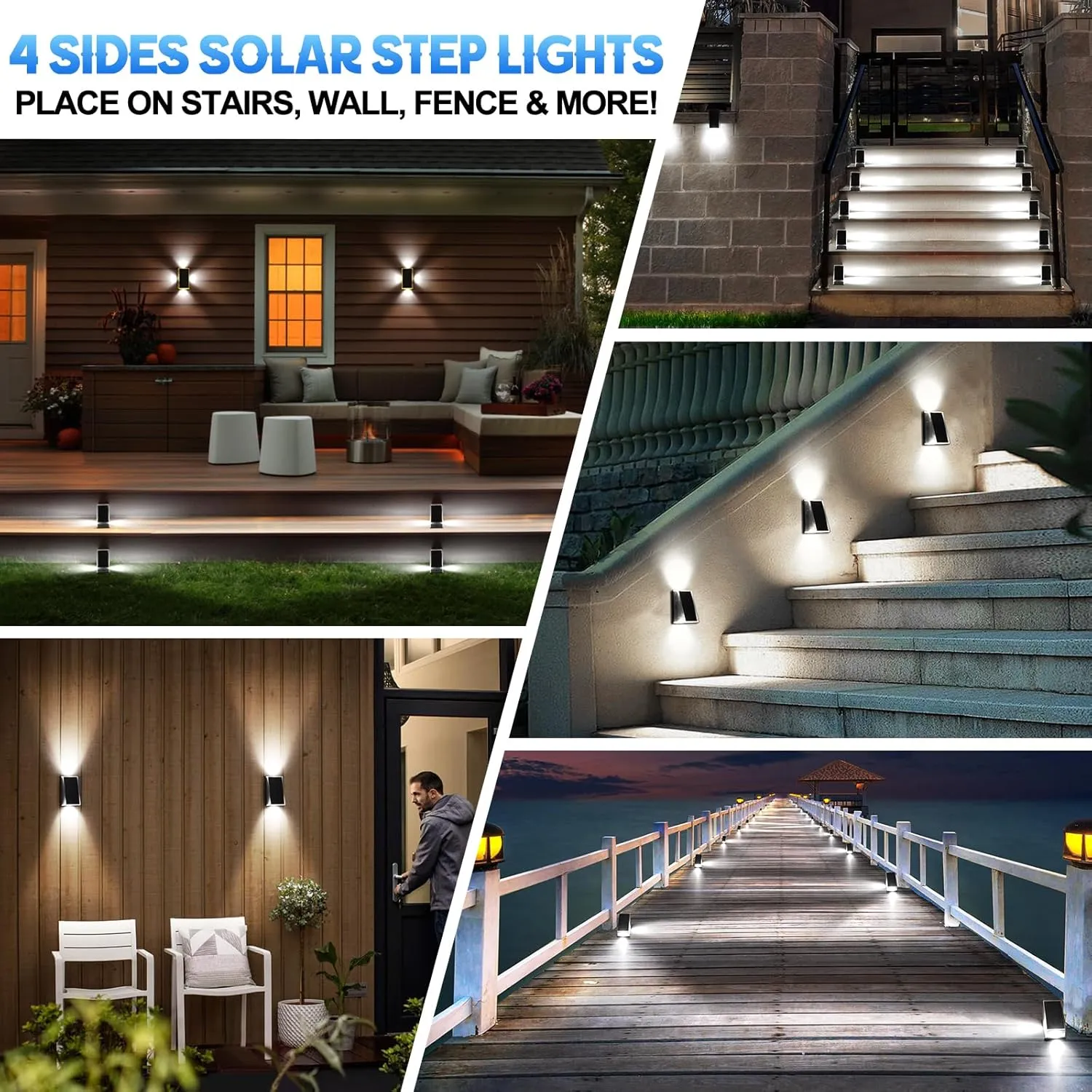 Uspring 2-in-1 Solar Fence Lights & Step Lights for Outside, 6 Pack Solar Lights Outdoor for Fence Step, 11 Modes Brighter 4 LED Waterproof Light for Stairs, Deck, Yard, Patio (Cool White)