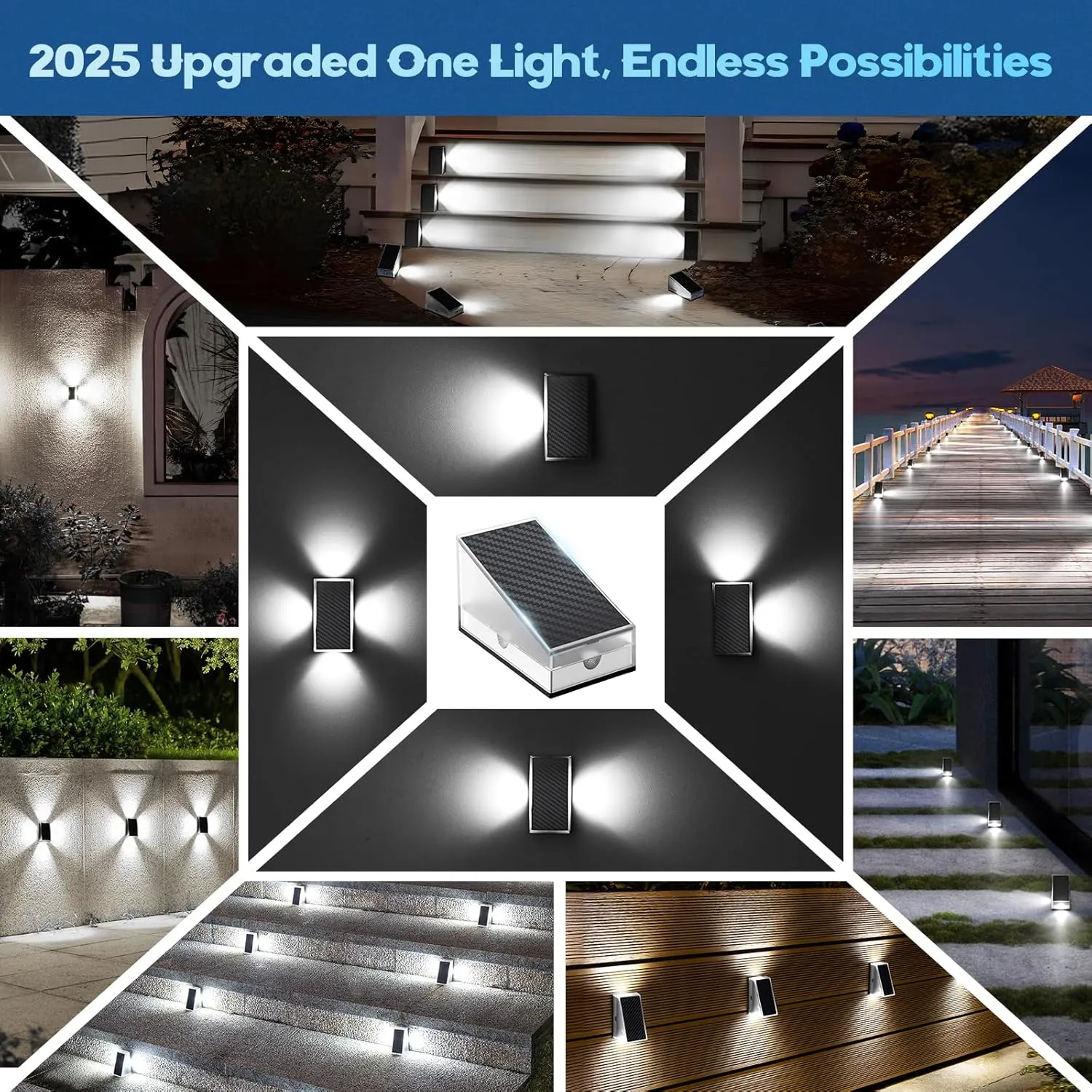 Uspring 2-in-1 Solar Fence Lights & Step Lights for Outside, 6 Pack Solar Lights Outdoor for Fence Step, 11 Modes Brighter 4 LED Waterproof Light for Stairs, Deck, Yard, Patio (Cool White)