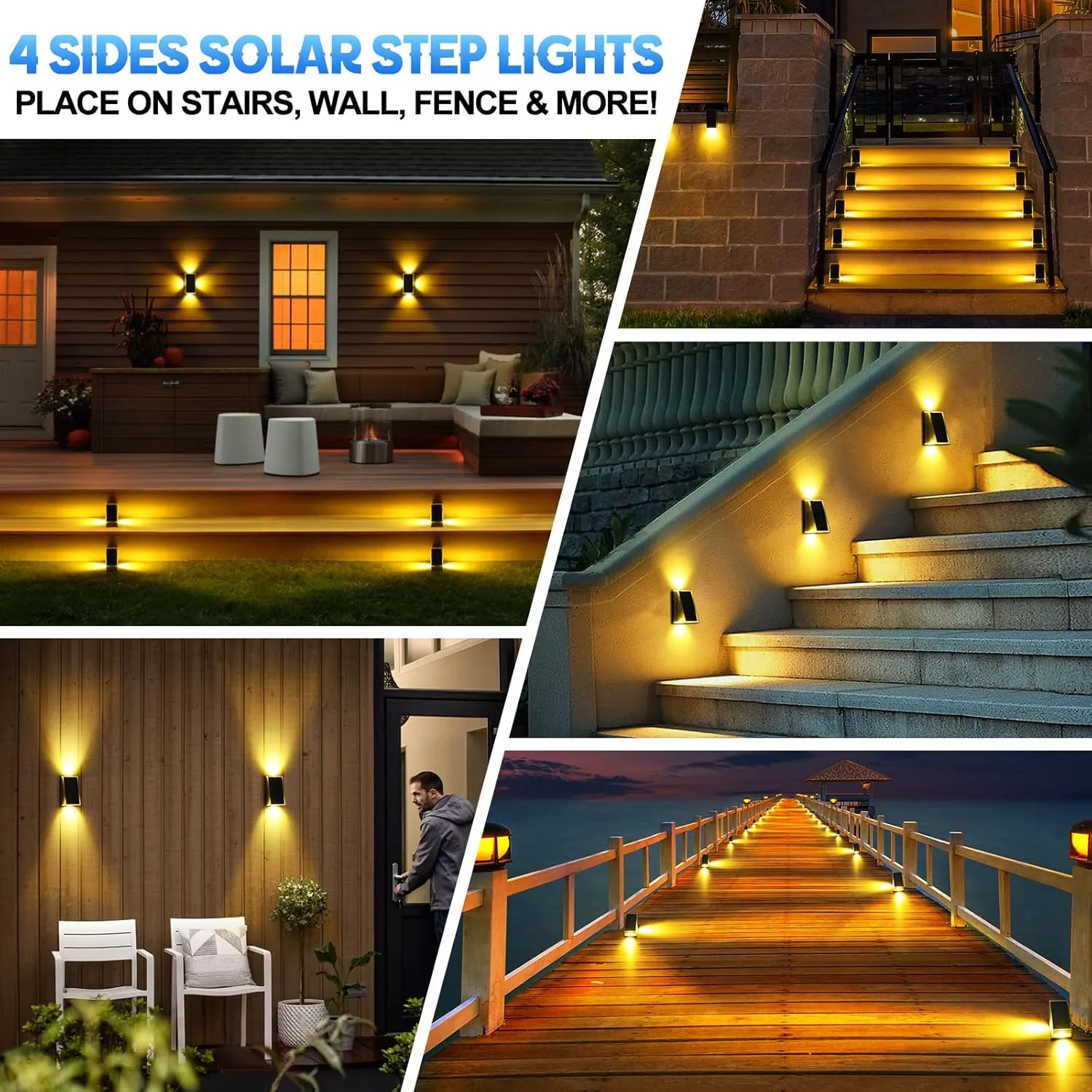 Uspring 2-in-1 Solar Fence Lights & Step Lights for Outside, 8 Pack Solar Lights Outdoor for Fence Step, 11 Modes Brighter 4 LED Waterproof Light for Stairs, Deck, Yard, Patio (Warm White)