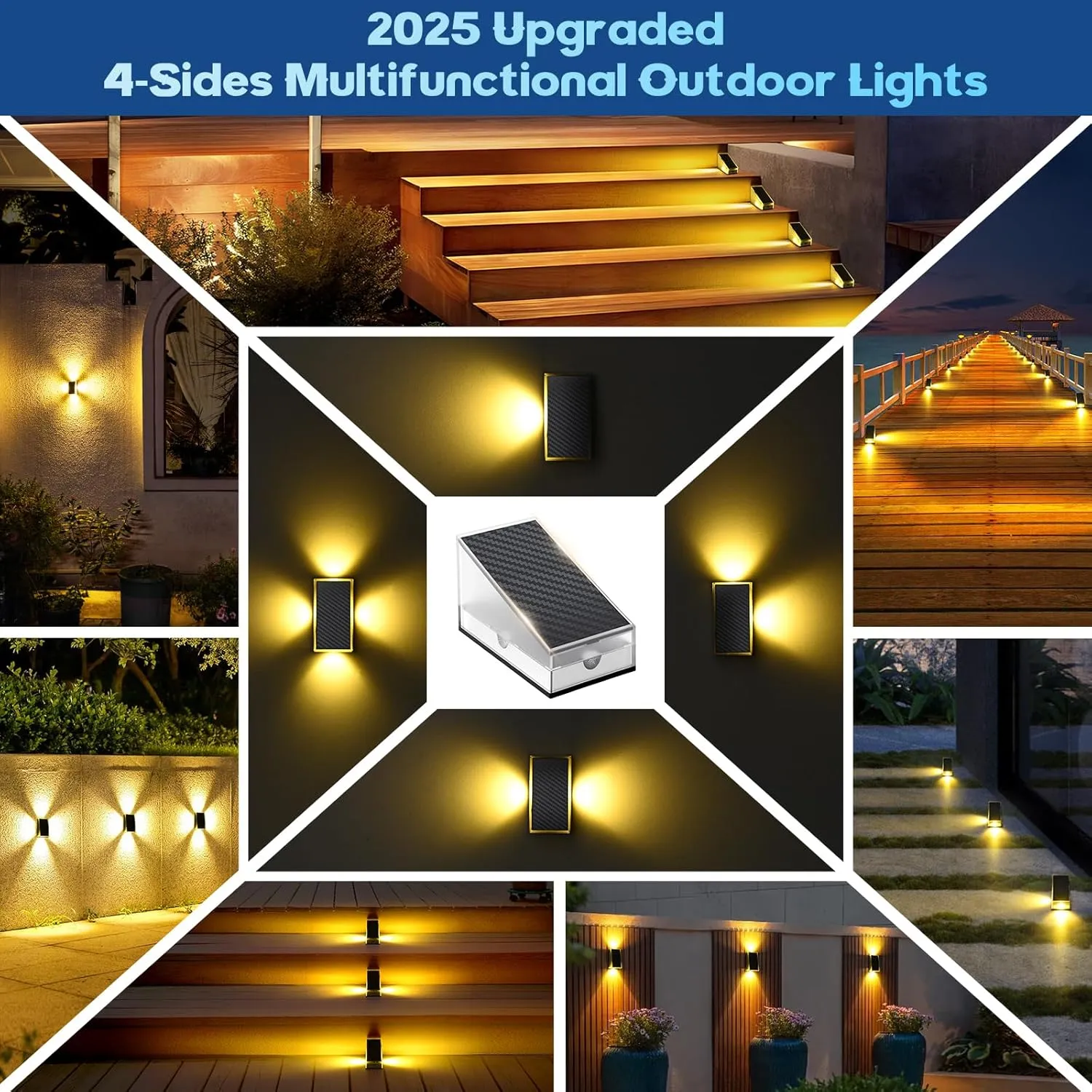 Uspring 2-in-1 Solar Fence Lights & Step Lights for Outside, 8 Pack Solar Lights Outdoor for Fence Step, 11 Modes Brighter 4 LED Waterproof Light for Stairs, Deck, Yard, Patio (Warm White)