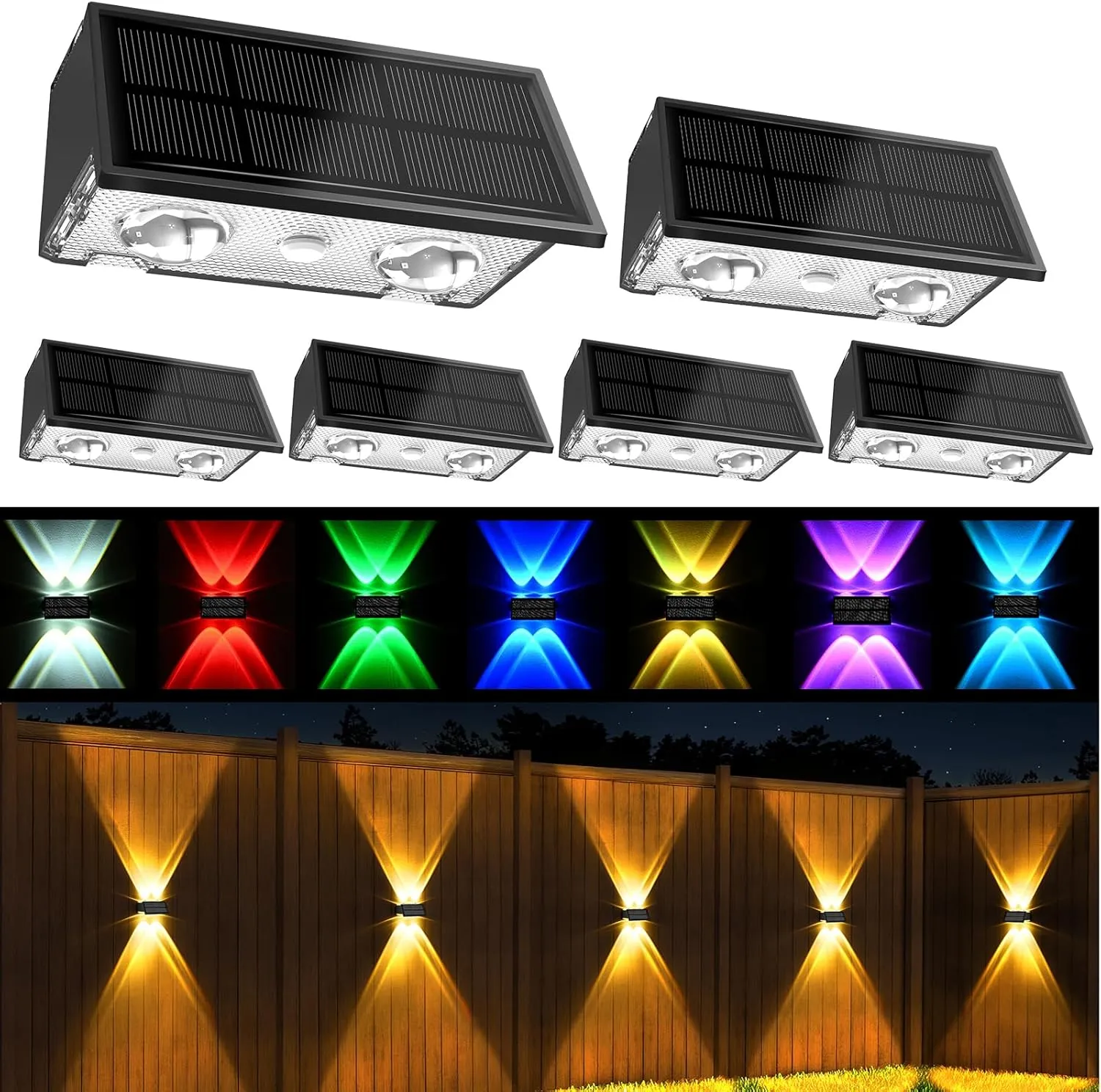 Uspring 6 Pack Solar Fence Lights with Warm/Cool White & 6 RGB Color 9 Modes, Ultra Bright Up & Down Fence Lights Solar Powered IP68 Waterproof Solar Light Outdoor for Yard Pool Porch Wall Patio