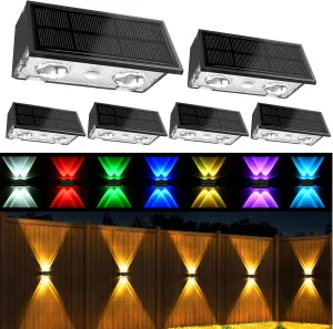 Uspring 6 Pack Solar Fence Lights with Warm/Cool White & 6 RGB Color 9 Modes, Ultra Bright Up & Down Fence Lights Solar Powered IP68 Waterproof Solar Light Outdoor for Yard Pool Porch Wall Patio