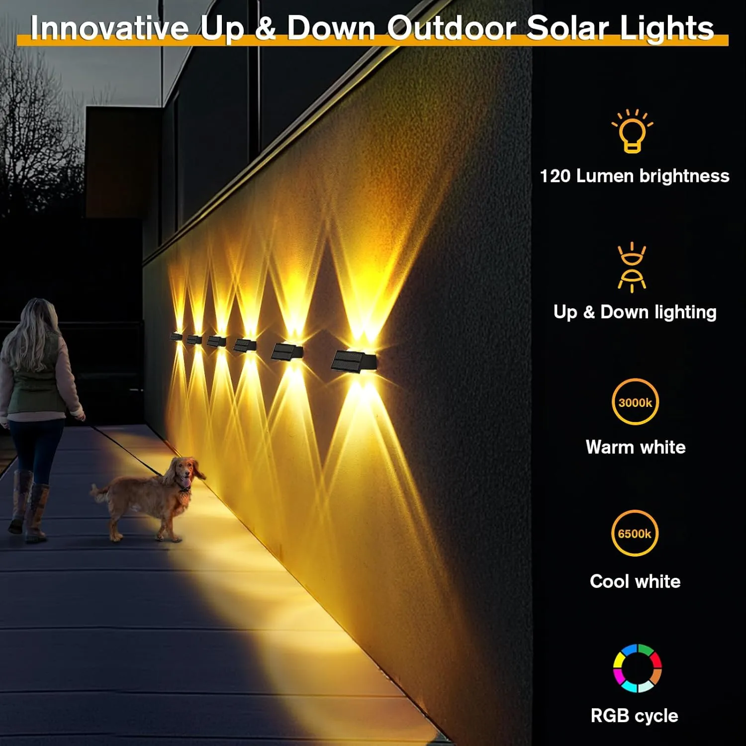 Uspring 6 Pack Solar Fence Lights with Warm/Cool White & 6 RGB Color 9 Modes, Ultra Bright Up & Down Fence Lights Solar Powered IP68 Waterproof Solar Light Outdoor for Yard Pool Porch Wall Patio