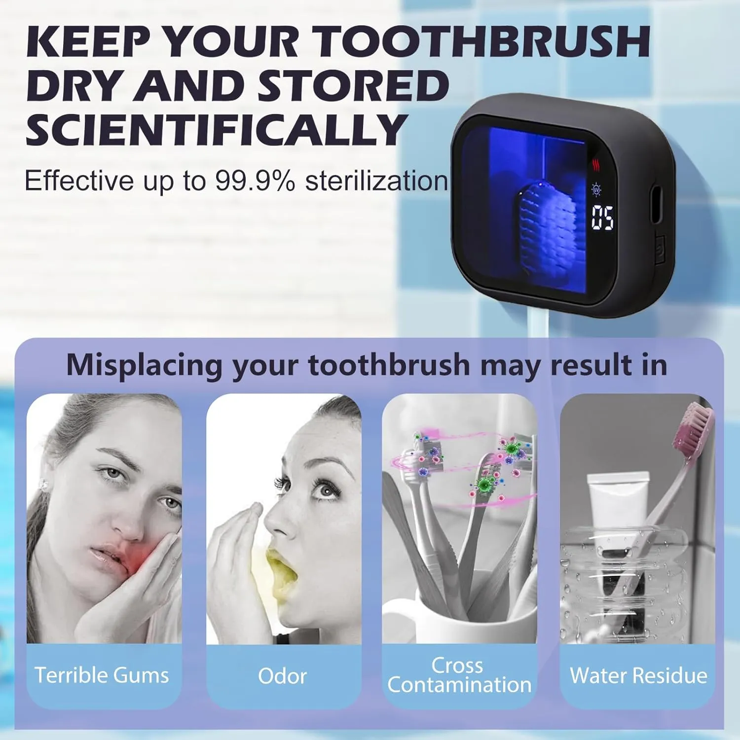 UV-C Toothbrush Cleaner, Portable Travel Cover for Manual/Electric Tooth Brush, Magnetic Holder and Rechargeable Case for Any Size Toothbrush, Black
