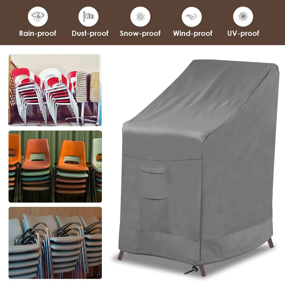 Vailge Stackable Patio Chair Cover,100% Waterproof Outdoor Chair Cover, Heavy Duty Lawn Patio Furniture Covers,Fits for 4-6 Stackable Dining Chairs,36" Lx28 Wx47 H,Grey