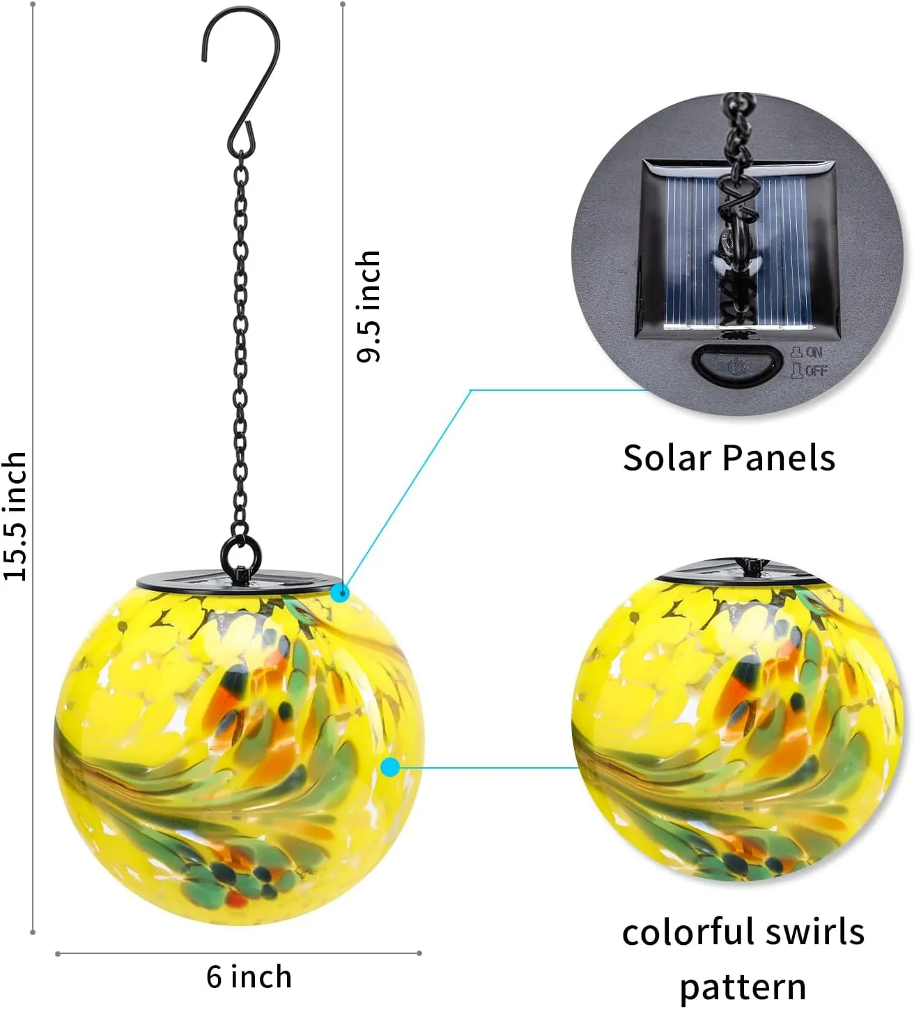 VCUTEKA Solar Hanging Lanterns Outdoor Decoration, Glass Solar Lights with Hook Up, Solar Garden Gazing Ball Light for Yard, Tree and Patio Decor, Yellow