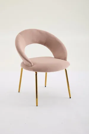 Velvet Fabric Dining Chair with Curved Backrest, Golden Metal Legs (Pink)