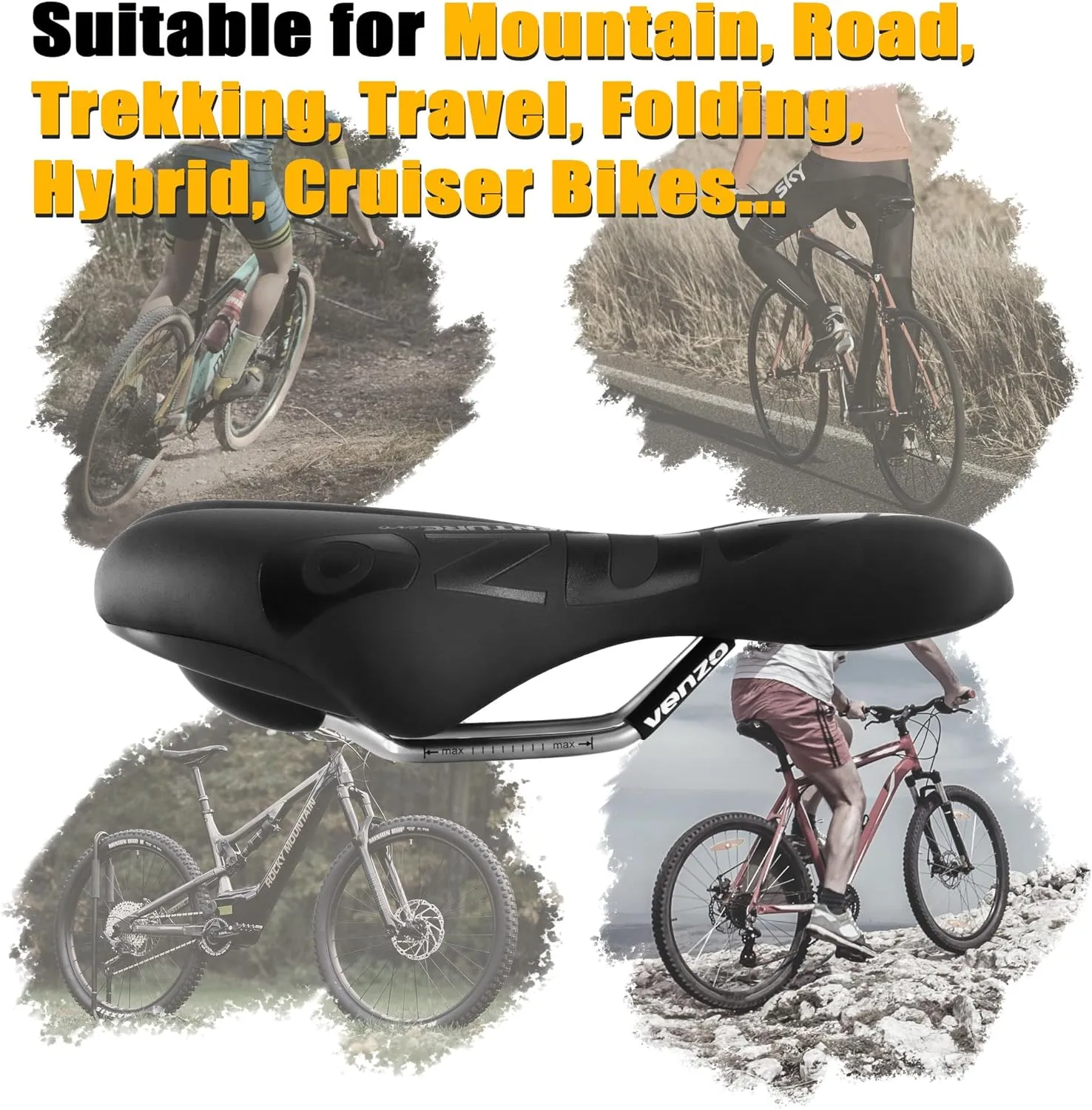 Venzo Comfortable Saddle Bike Seat | Soft & Durable Bicycle Seat for MTB, Road, Exercise, Trekking, Folding, Hybrid & Cruiser Bikes | Breathable & Ergonomic Design Bike Saddle for Lower Resistance