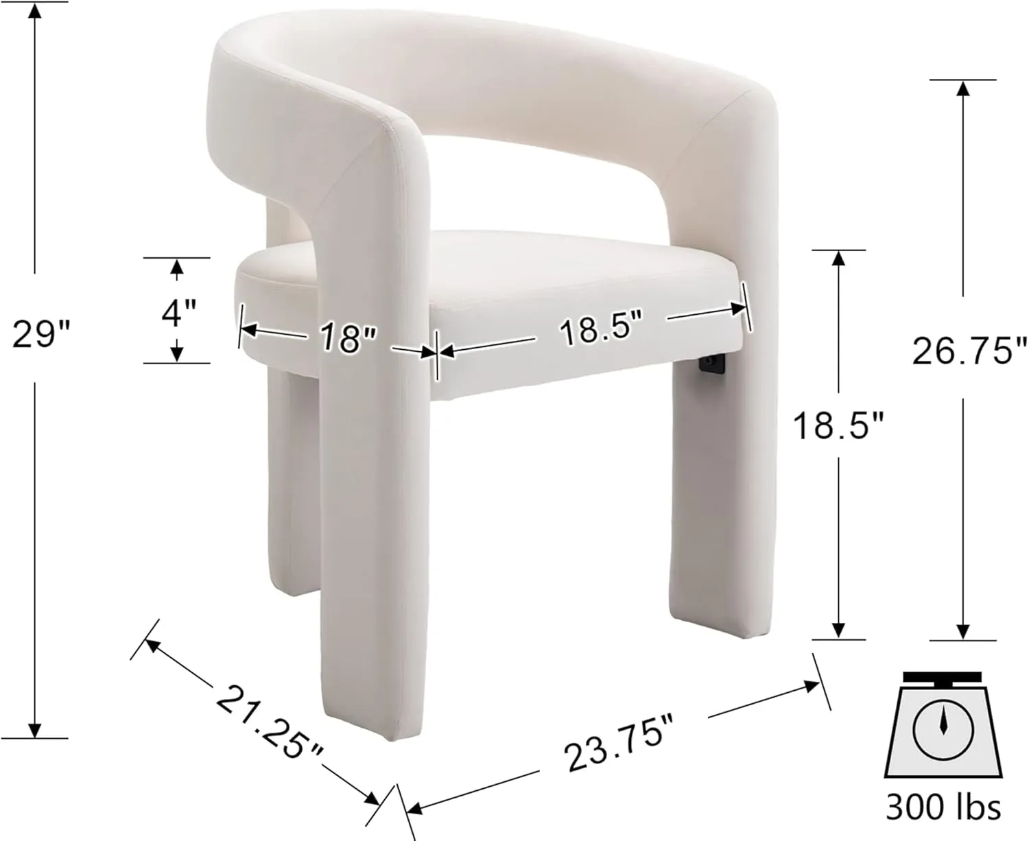 VESCASA Velvet Barrel Dining Chair with Open-Back, Upholstered Modern Accent Side Armchair with 3 Legs for Kitchen/Dining Room/Living Room, 1 Chair, Ivory
