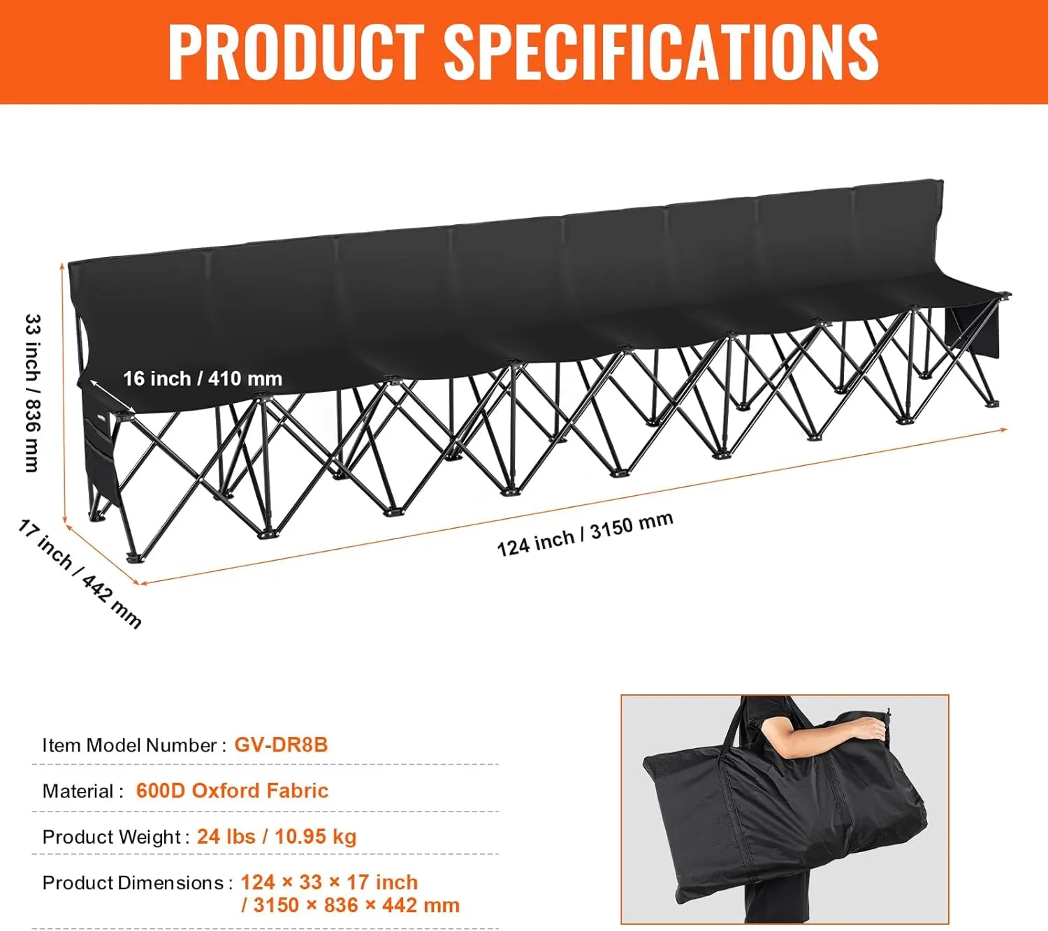 VEVOR Portable Folding Bench, 6 Seats Foldable Sideline Bench, Outdoor Camping Bench Chair with Carry Bag & Backrest, Team Sport Sideline Bench for Football Fishing, 6 Seats, 8seats