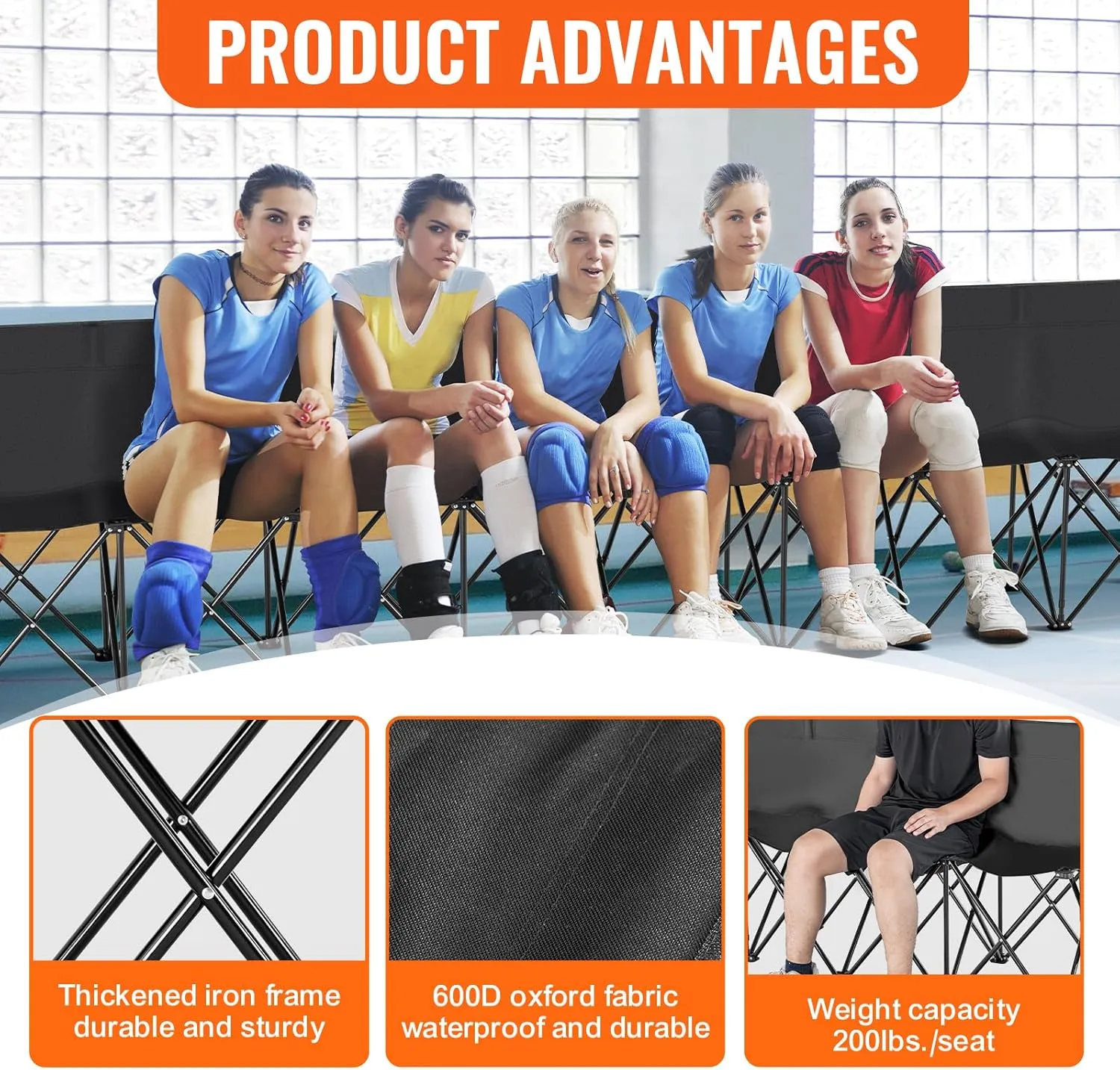 VEVOR Portable Folding Bench, 6 Seats Foldable Sideline Bench, Outdoor Camping Bench Chair with Carry Bag & Backrest, Team Sport Sideline Bench for Football Fishing, 6 Seats, 8seats