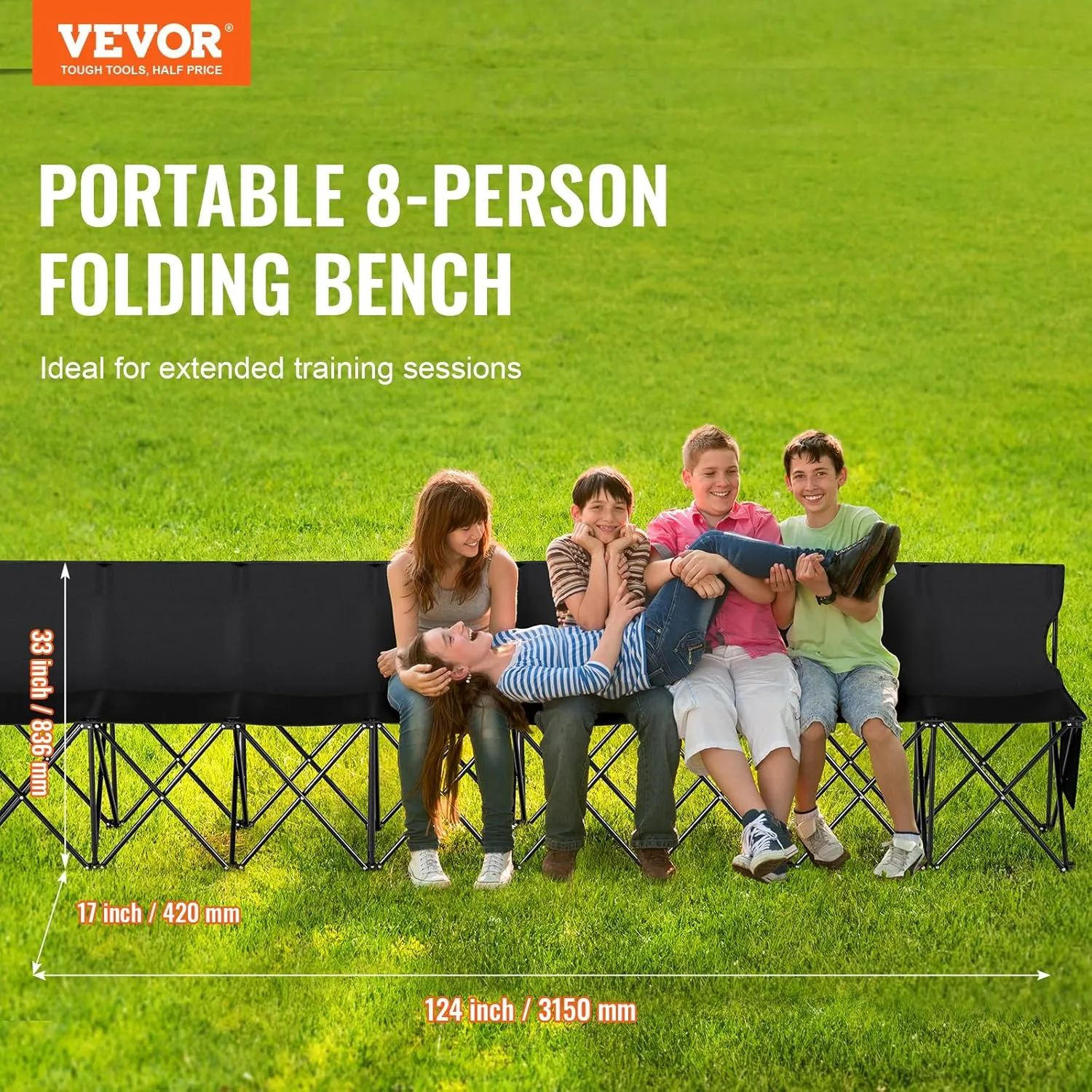 VEVOR Portable Folding Bench, 6 Seats Foldable Sideline Bench, Outdoor Camping Bench Chair with Carry Bag & Backrest, Team Sport Sideline Bench for Football Fishing, 6 Seats, 8seats