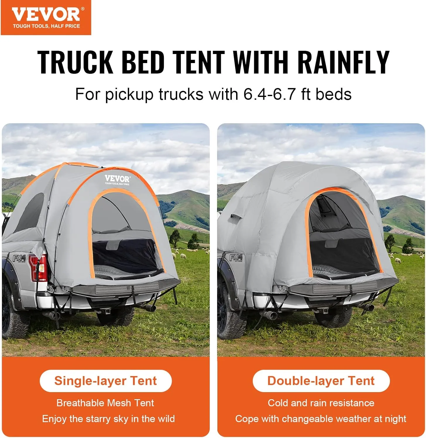 VEVOR Truck Bed Tent,Pickup Truck Tent with Rain Layer and Carry Bag, Waterproof Double Layer Truck Tent for Camping, Accommodate, for Camping Traveling Outdoor Activities