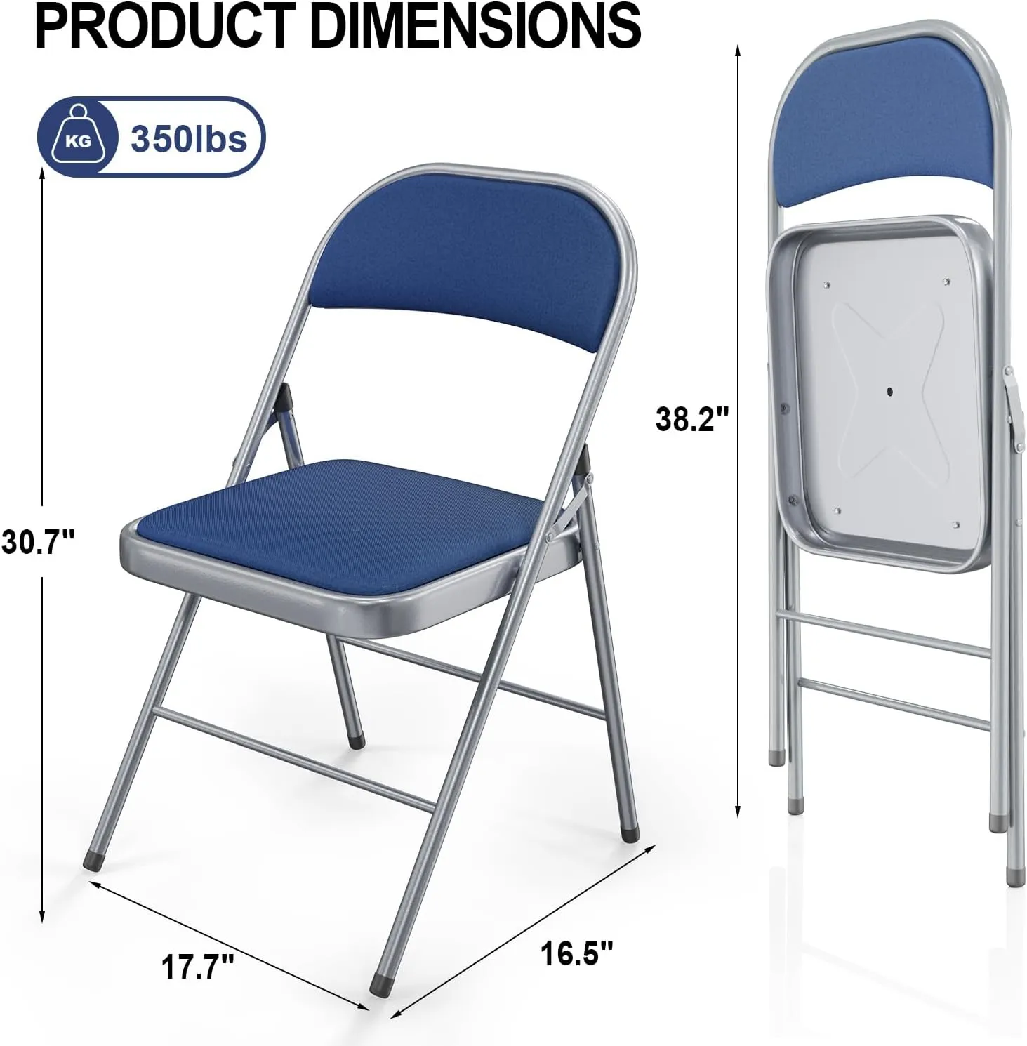VINGLI 4 Pack Folding Chairs with Padded Seats, Metal Frame with Fabric Seat & Back, Capacity 350 lbs, Blue, Set of 4