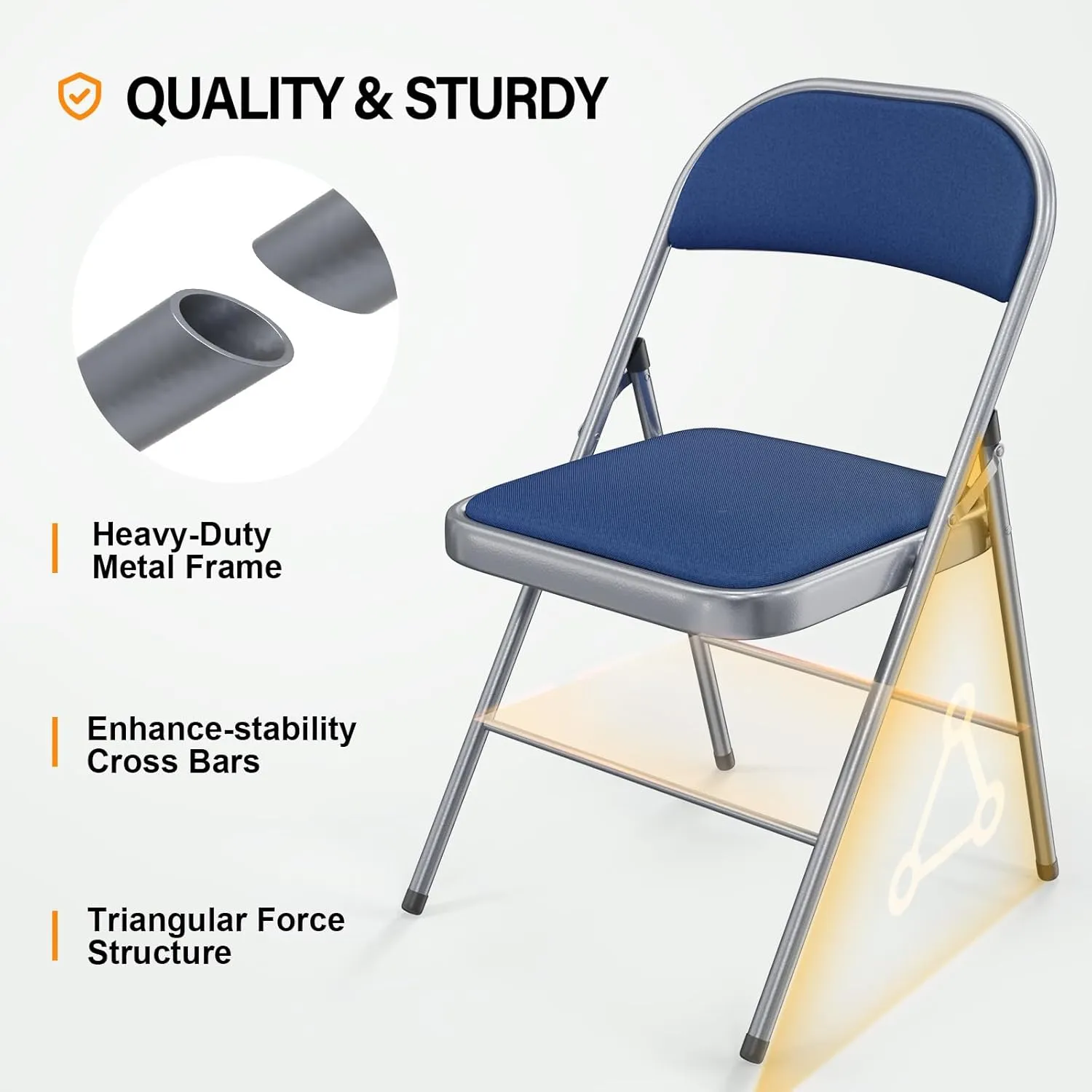VINGLI 4 Pack Folding Chairs with Padded Seats, Metal Frame with Fabric Seat & Back, Capacity 350 lbs, Blue, Set of 4