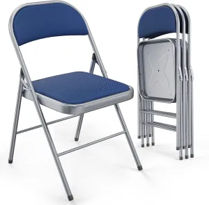 VINGLI 4 Pack Folding Chairs with Padded Seats, Metal Frame with Fabric Seat & Back, Capacity 350 lbs, Blue, Set of 4
