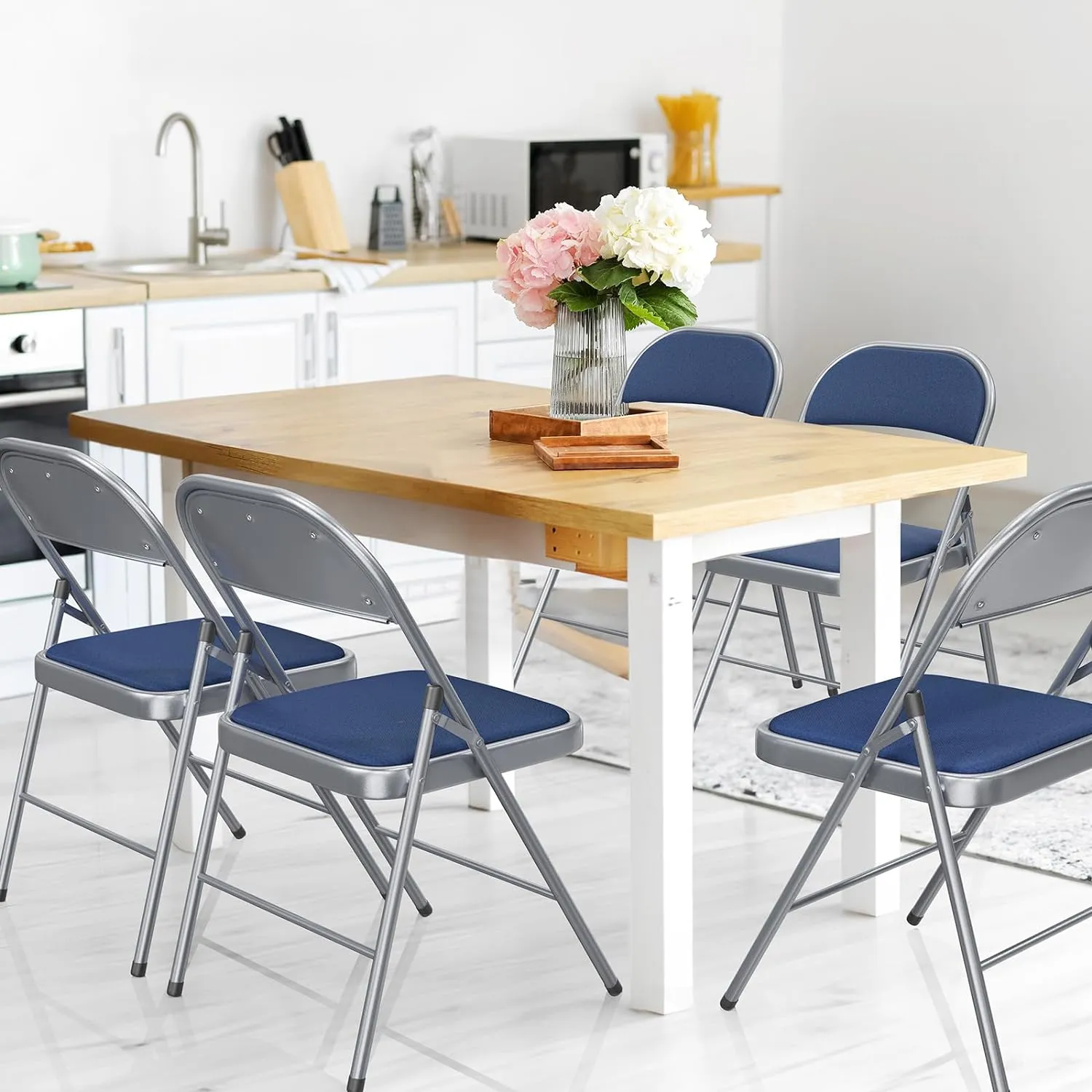 VINGLI 4 Pack Folding Chairs with Padded Seats, Metal Frame with Fabric Seat & Back, Capacity 350 lbs, Blue, Set of 4