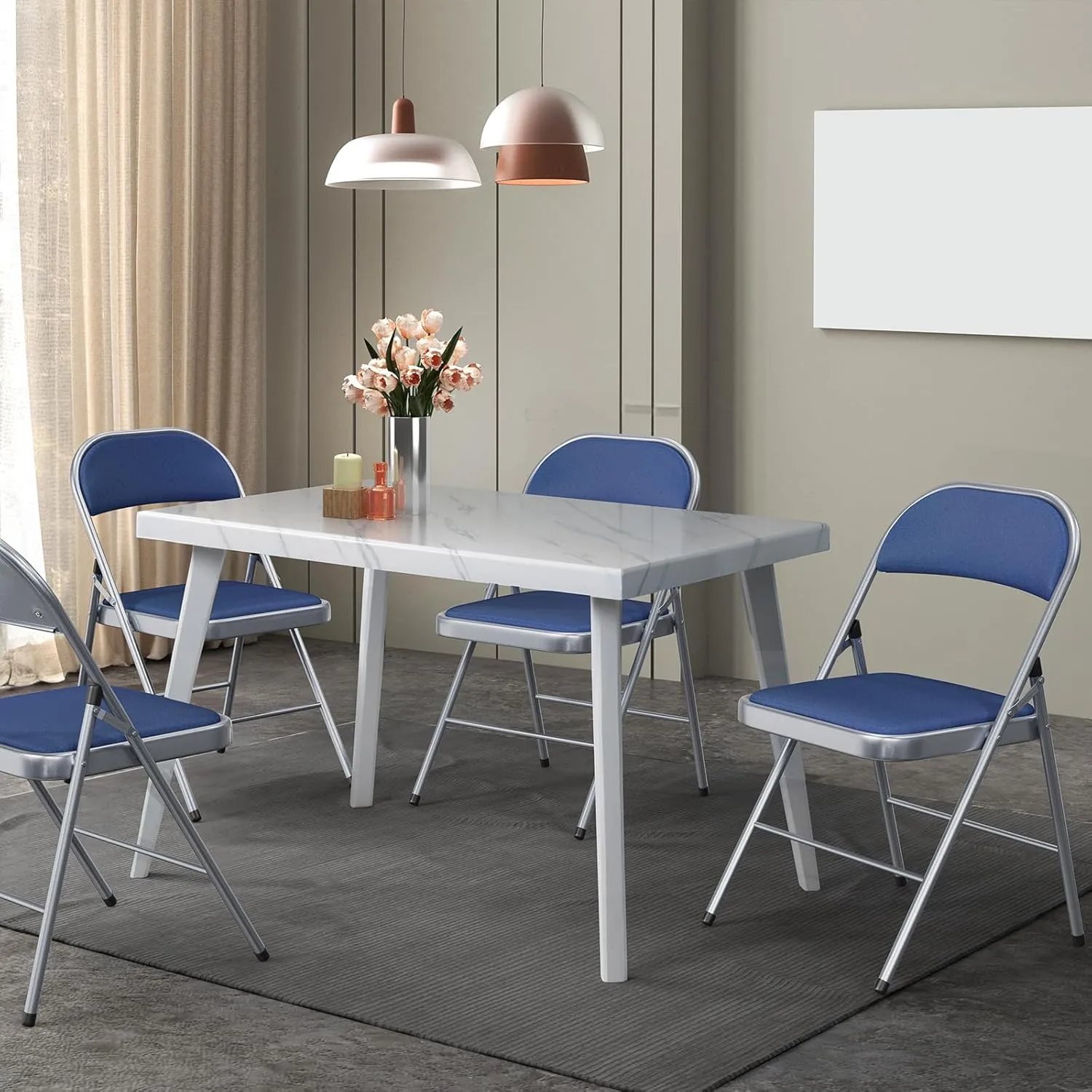 VINGLI 4 Pack Folding Chairs with Padded Seats, Metal Frame with Fabric Seat & Back, Capacity 350 lbs, Blue, Set of 4
