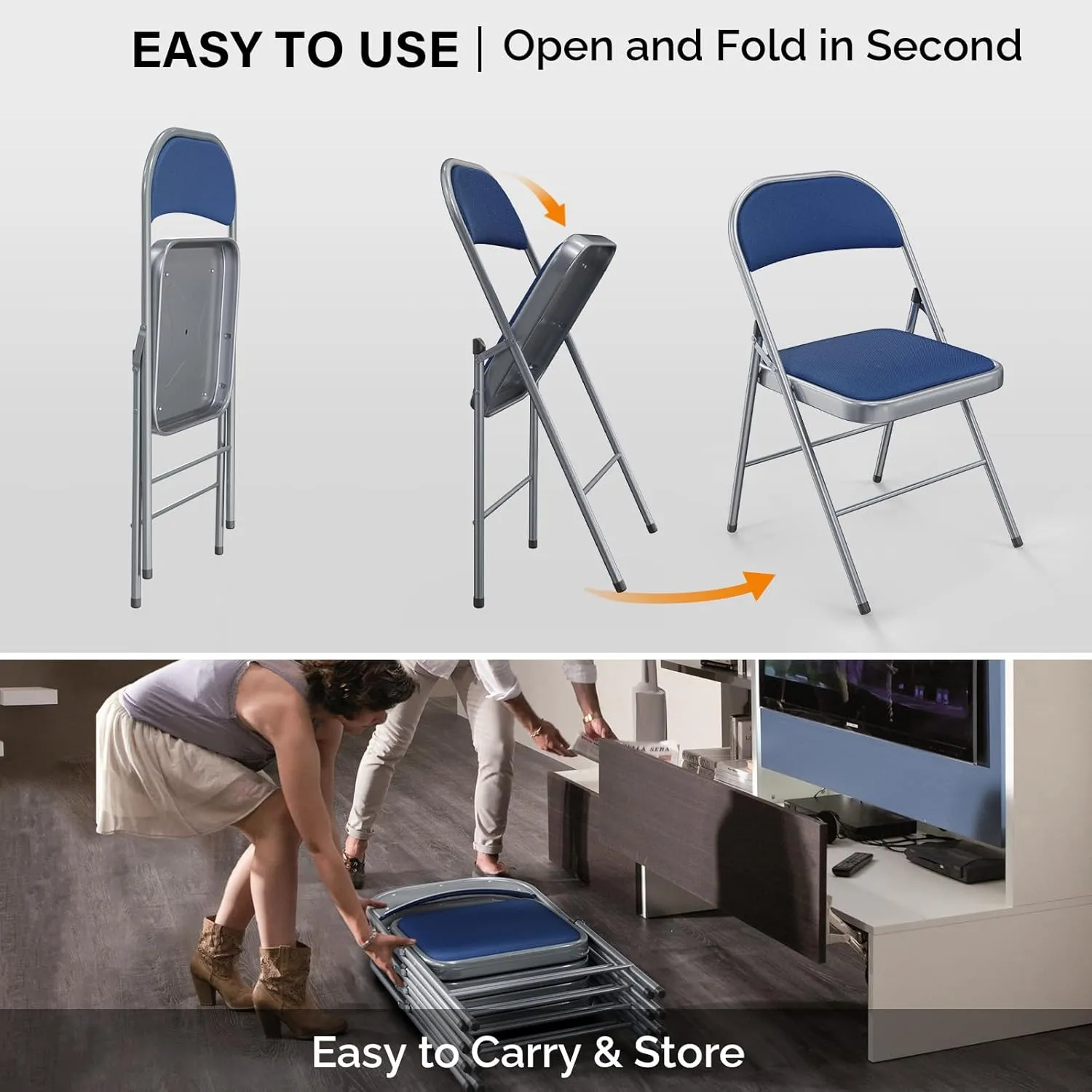 VINGLI 4 Pack Folding Chairs with Padded Seats, Metal Frame with Fabric Seat & Back, Capacity 350 lbs, Blue, Set of 4