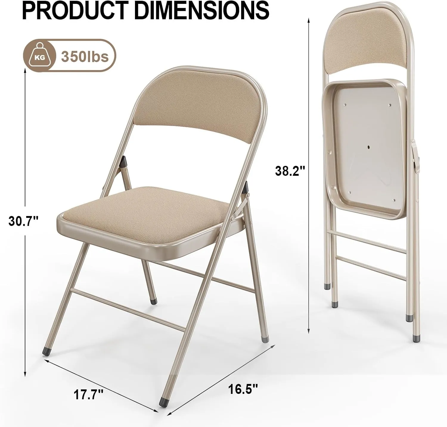 VINGLI 4 Pack Folding Chairs with Padded Seats, Metal Frame with Fabric Seat & Back, Capacity 350 lbs, Khaki, Set of 4