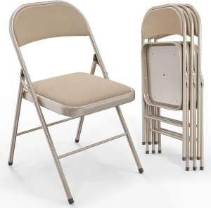 VINGLI 4 Pack Folding Chairs with Padded Seats, Metal Frame with Fabric Seat & Back, Capacity 350 lbs, Khaki, Set of 4