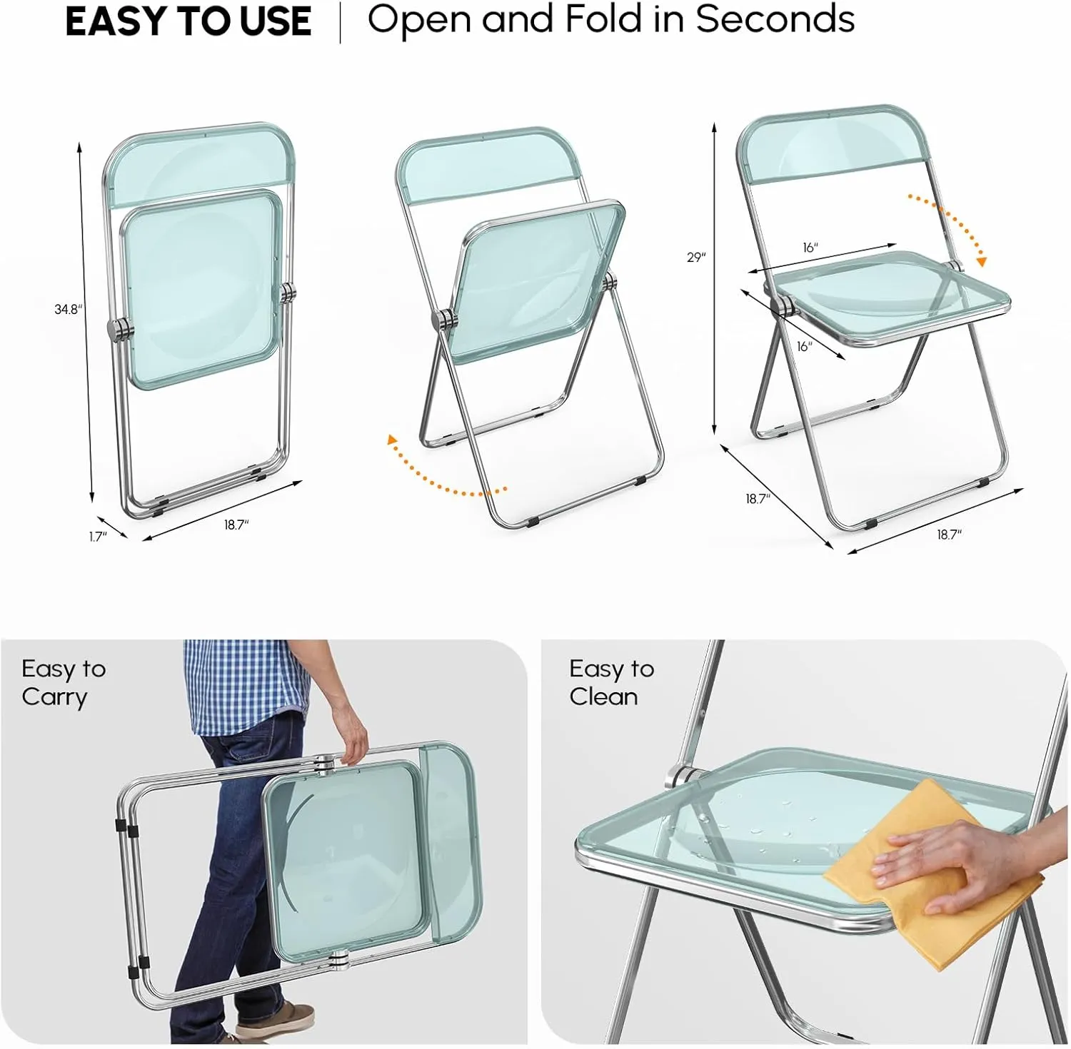 VINGLI Acrylic Folding Chairs 4 Pack, Clear Chair Foldable and Stackable, Plastic Panel & Metal Chrome Frame, Weight Capacity 350 lbs, Blue Green