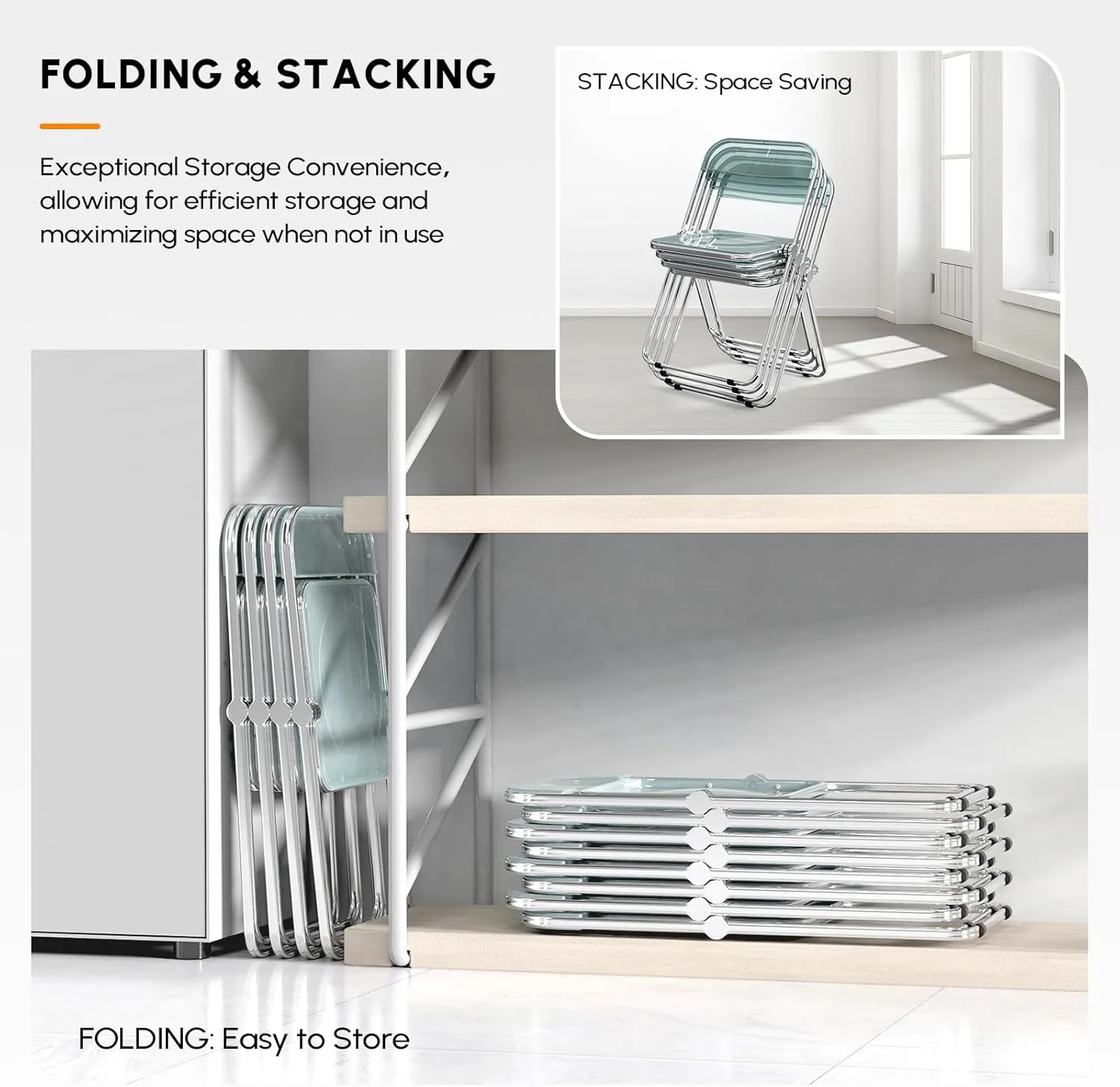 VINGLI Acrylic Folding Chairs 4 Pack, Clear Chair Foldable and Stackable, Plastic Panel & Metal Chrome Frame, Weight Capacity 350 lbs, Blue Green