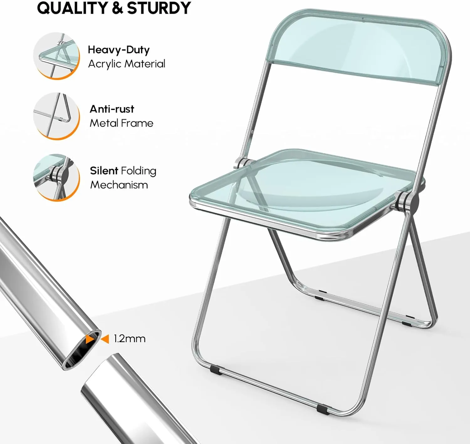 VINGLI Acrylic Folding Chairs 4 Pack, Clear Chair Foldable and Stackable, Plastic Panel & Metal Chrome Frame, Weight Capacity 350 lbs, Blue Green