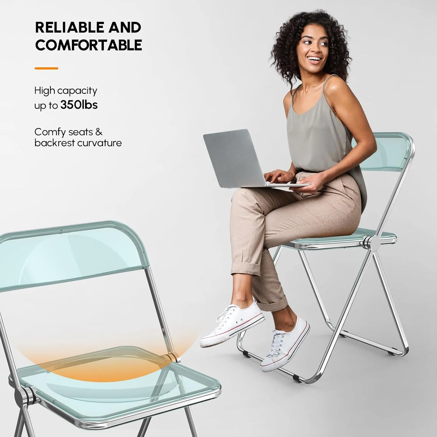 VINGLI Acrylic Folding Chairs 4 Pack, Clear Chair Foldable and Stackable, Plastic Panel & Metal Chrome Frame, Weight Capacity 350 lbs, Blue Green