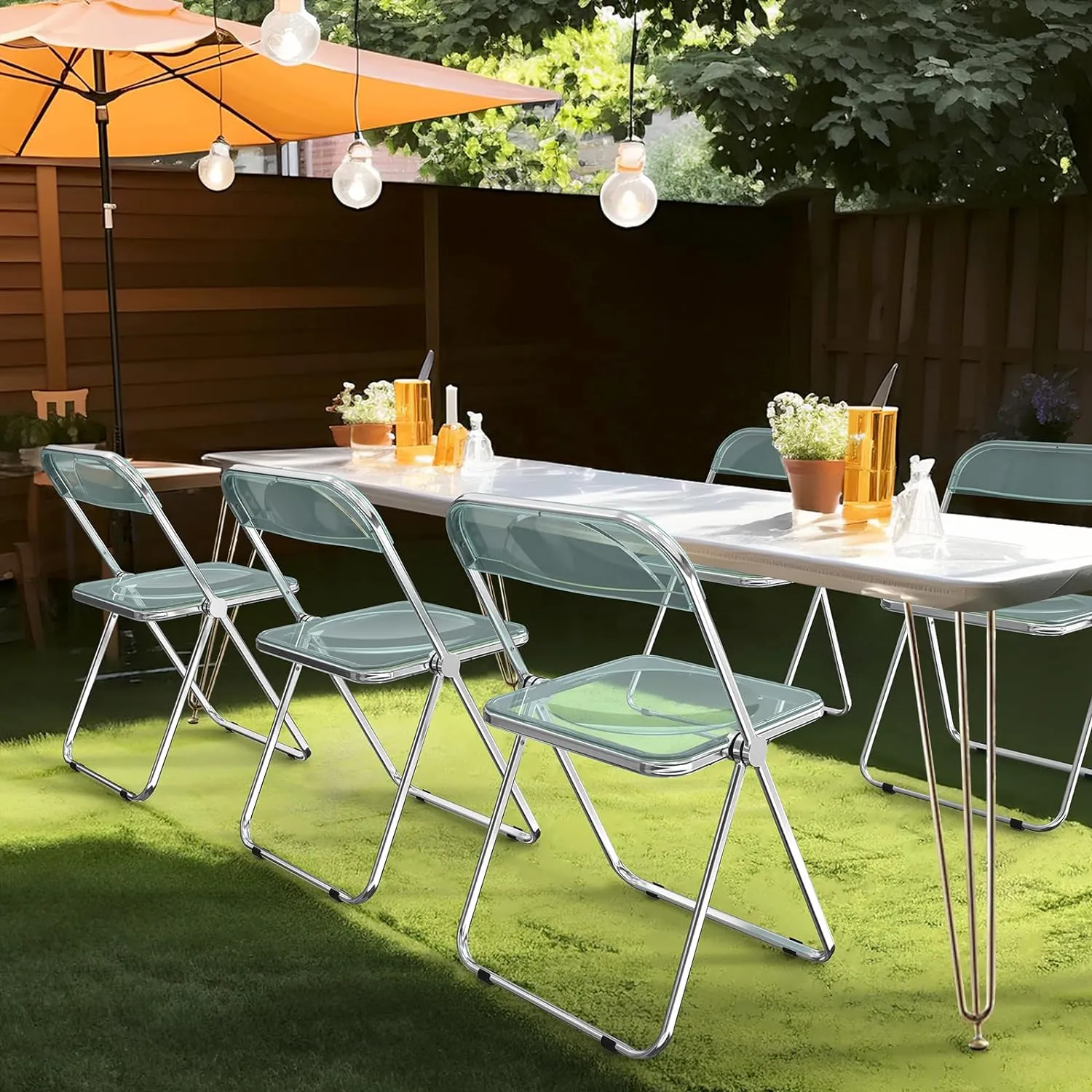 VINGLI Acrylic Folding Chairs 4 Pack, Clear Chair Foldable and Stackable, Plastic Panel & Metal Chrome Frame, Weight Capacity 350 lbs, Blue Green
