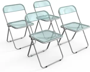 VINGLI Acrylic Folding Chairs 4 Pack, Clear Chair Foldable and Stackable, Plastic Panel & Metal Chrome Frame, Weight Capacity 350 lbs, Blue Green