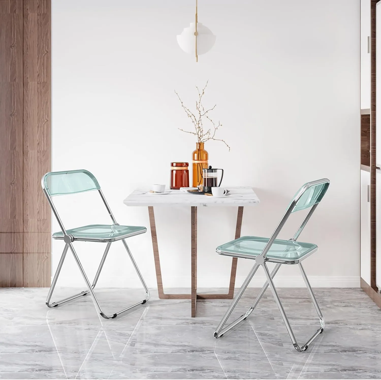VINGLI Acrylic Folding Chairs 4 Pack, Clear Chair Foldable and Stackable, Plastic Panel & Metal Chrome Frame, Weight Capacity 350 lbs, Blue Green